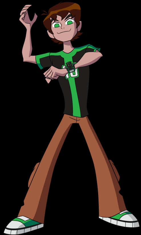Ben 10 桌布 壁紙 — 一個自信的動畫青少年，穿著綠色和黑色襯衫，發光的眼睛和手腕裝置，背景為黑色。