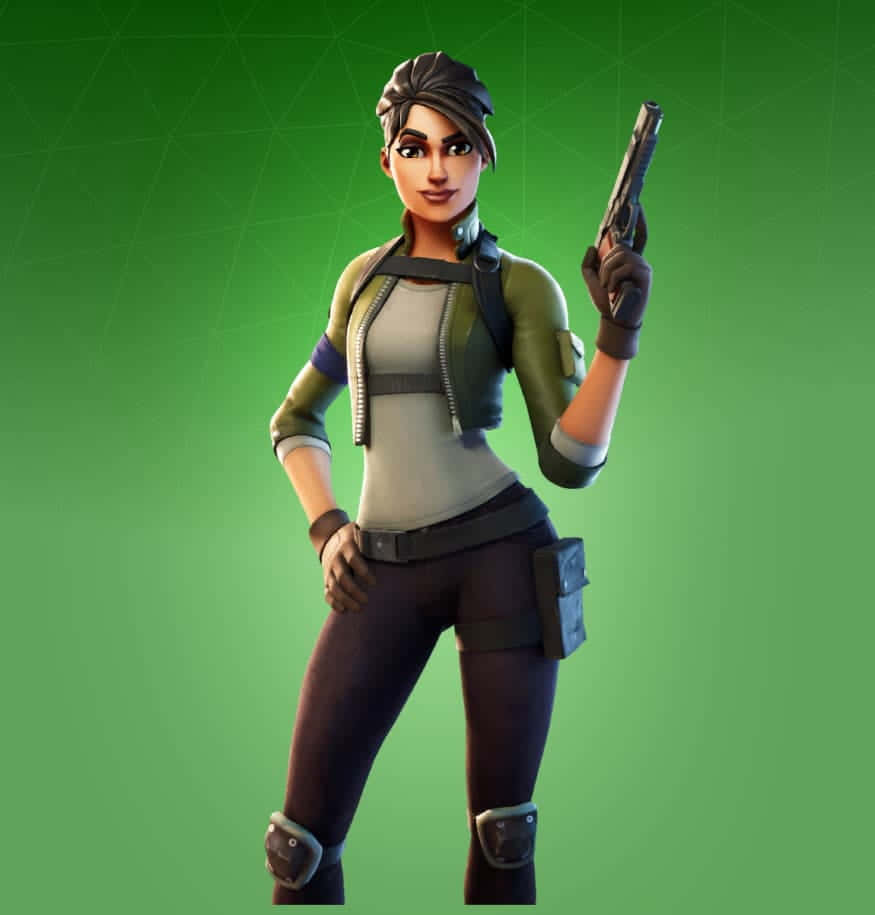 Ramirez Fortnite 桌布 壁紙 — 一個自信的女性 Fortnite 角色穿著戰術裝備，在發光綠色網格背景前拿著一把手槍。
