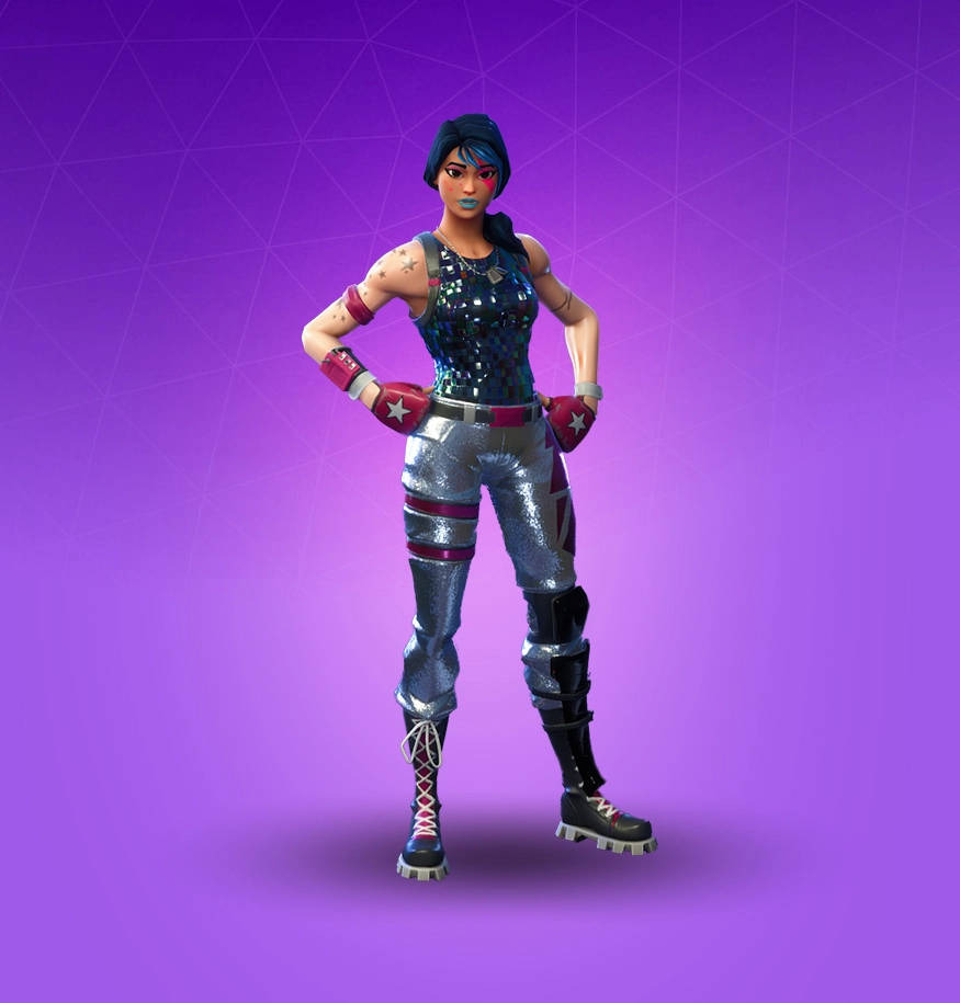 Sparkle Specialist Fortnite 桌布 壁紙 — 一個自信的女性Fortnite角色，身穿閃亮藍色上衣和銀色褲子，在紫色幾何背景前擺姿勢。