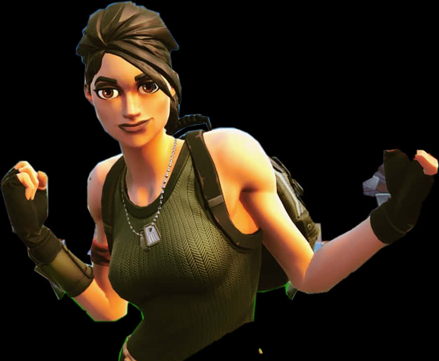 Fortnite Default Skin 桌布 壁紙 — 一個自信的女性Fortnite角色，身穿綠色背心和手套，在黑色背景前擺姿勢。