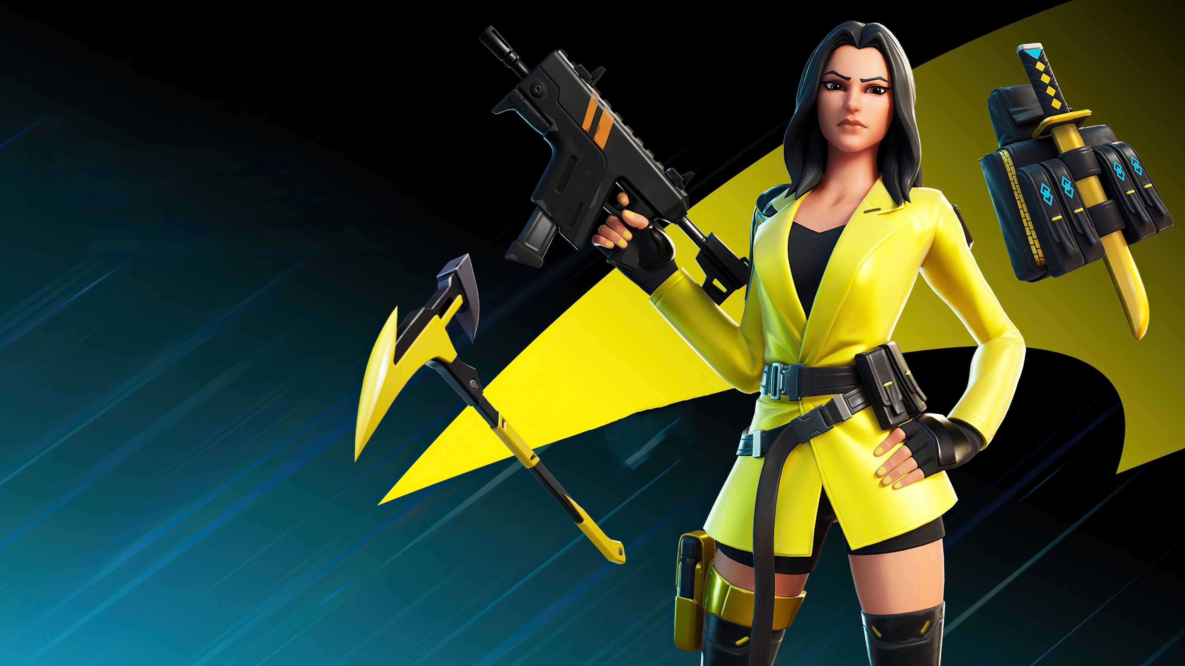 Fortnite 桌布 壁紙 — 一個自信的女性Fortnite角色，身穿亮黃色套裝，在動態的藍黃背景下揮舞步槍和斧頭。