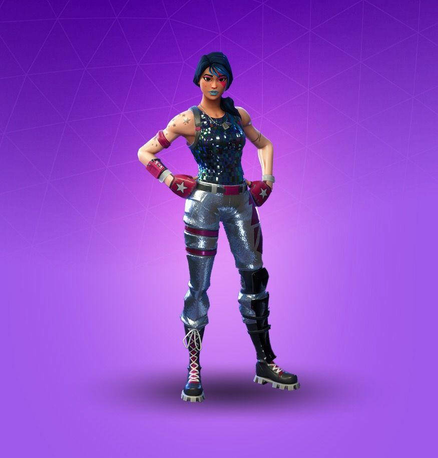 手機 桌布 壁紙 — 一個自信的女性Fortnite角色，身穿閃亮的銀色和紅色裝備，站在充滿活力的紫色漸變背景前。