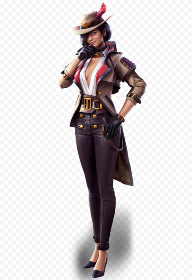 free fire 4K 桌布 壁紙 — 一個自信的女性角色，穿著細節豐富的棕色風衣和帶有紅色羽毛的帽子，站在格子背景前。
