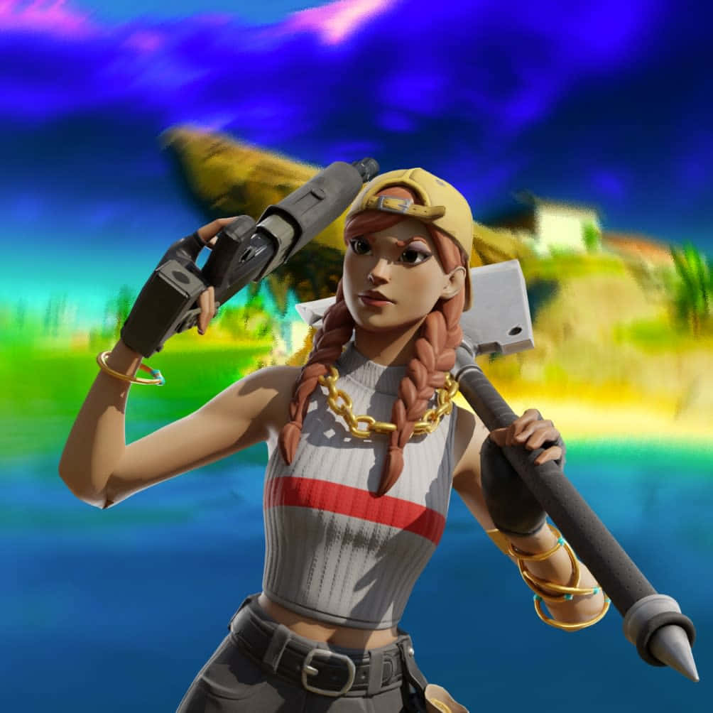 Fortnite 桌布 壁紙 — 一個自信的女性遊戲角色戴著黃色帽子，在充滿活力的日落天空下拿著霰彈槍和鎬。