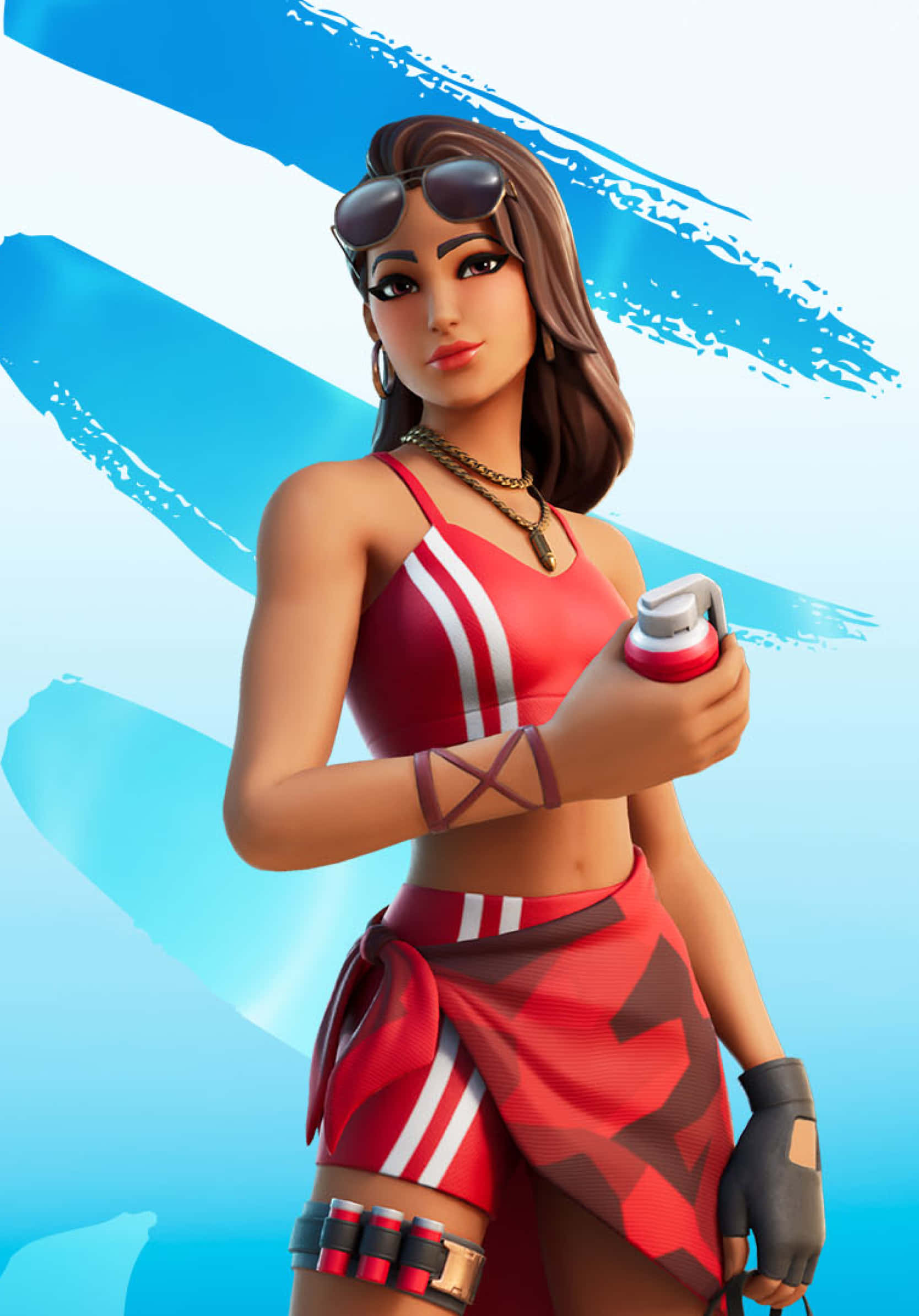 Ruby Fortnite Skin 桌布 壁紙 — 一個自信的女性電子遊戲角色穿著紅色運動服，手持噴漆罐，背景是充滿活力的藍色筆觸。