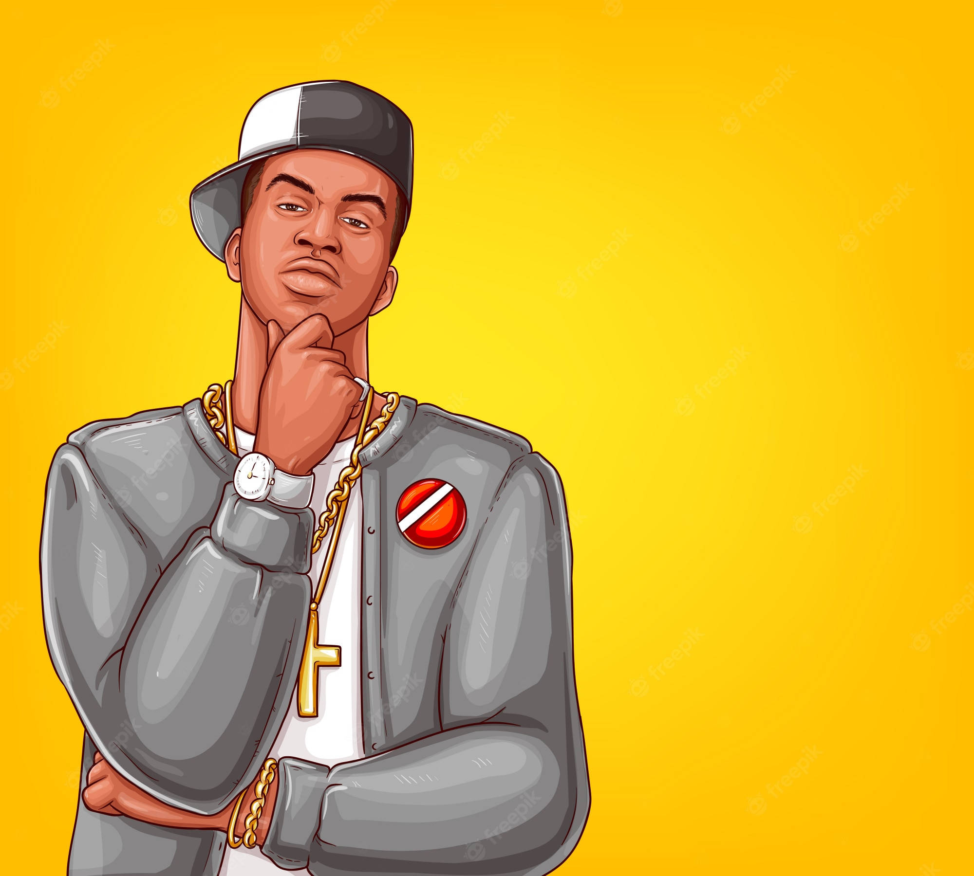 Gangsta Cartoon 桌布 壁紙 — 一個自信的年輕男子穿著灰色外套和帽子，在充滿活力的黃色背景下沉思地擺姿勢的風格化插圖。