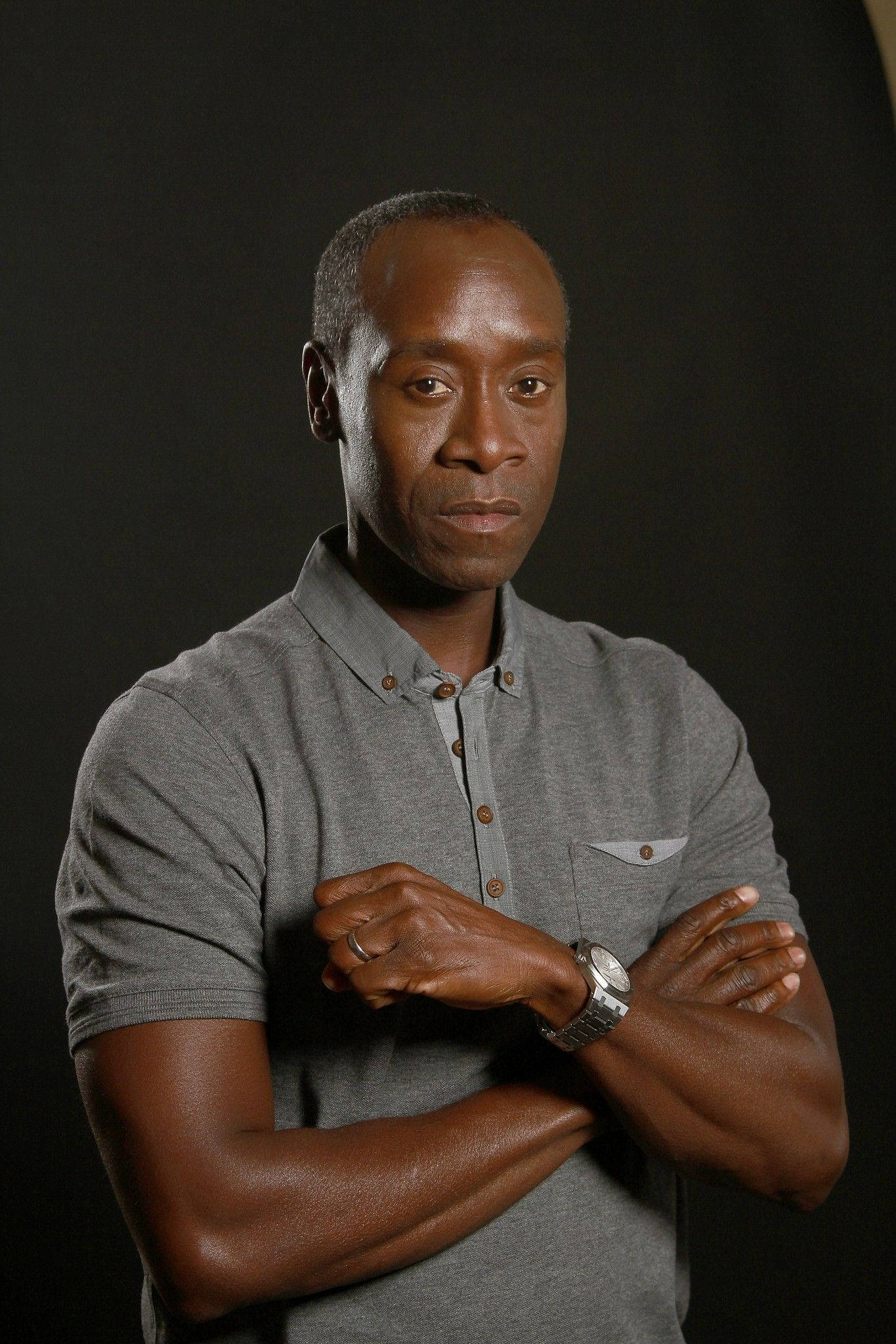 Don Cheadle 桌布 壁紙 — 一個自信的男人穿著灰色Polo衫，雙手交叉站在深色背景前。