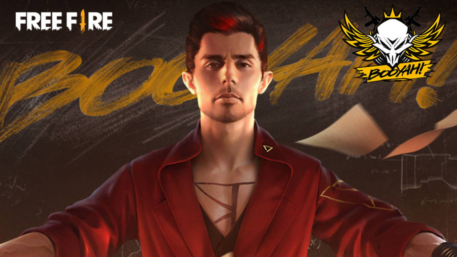 free fire 2021 桌布 壁紙 — 一個自信的男性角色穿著紅色外套，站在塗鴉牆前，牆上有'BOOAH!'和Free Fire品牌標誌。