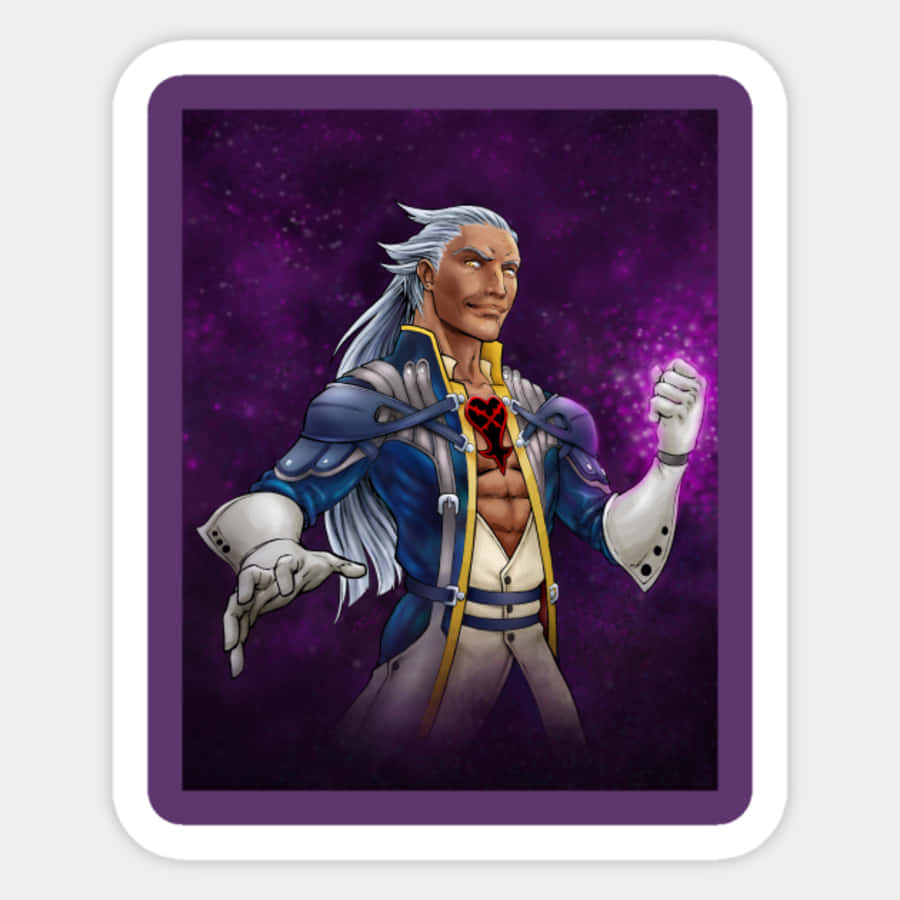Ansem Seeker Of Darkness 桌布 壁紙 — 一個自信的白髮動漫男子，帶有紅色心形紋身，站在閃爍的紫色宇宙背景前。