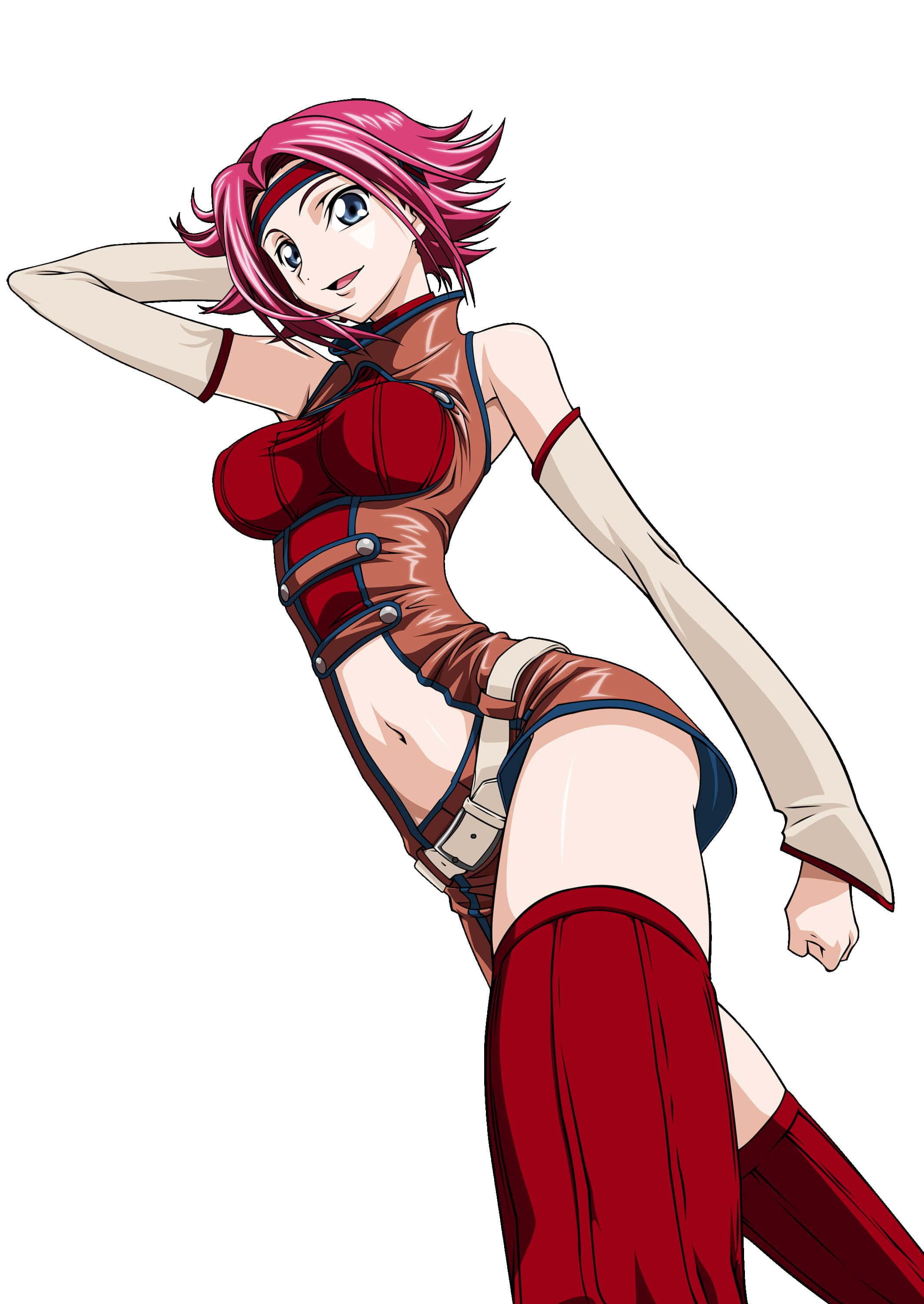 Kallen Stadtfeld 桌布 壁紙 — 一個自信的粉紅色頭髮動漫女孩，穿著紅色和米色服裝，在純白色背景前擺出俏皮的姿勢。