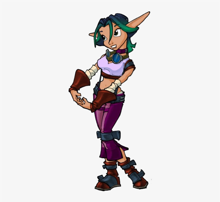 Jak 3 桌布 壁紙 — 一個自信的精靈般女性角色，綠色頭髮，尖耳朵，穿著紫色褲子和棕色裝備，以動態姿勢站立。