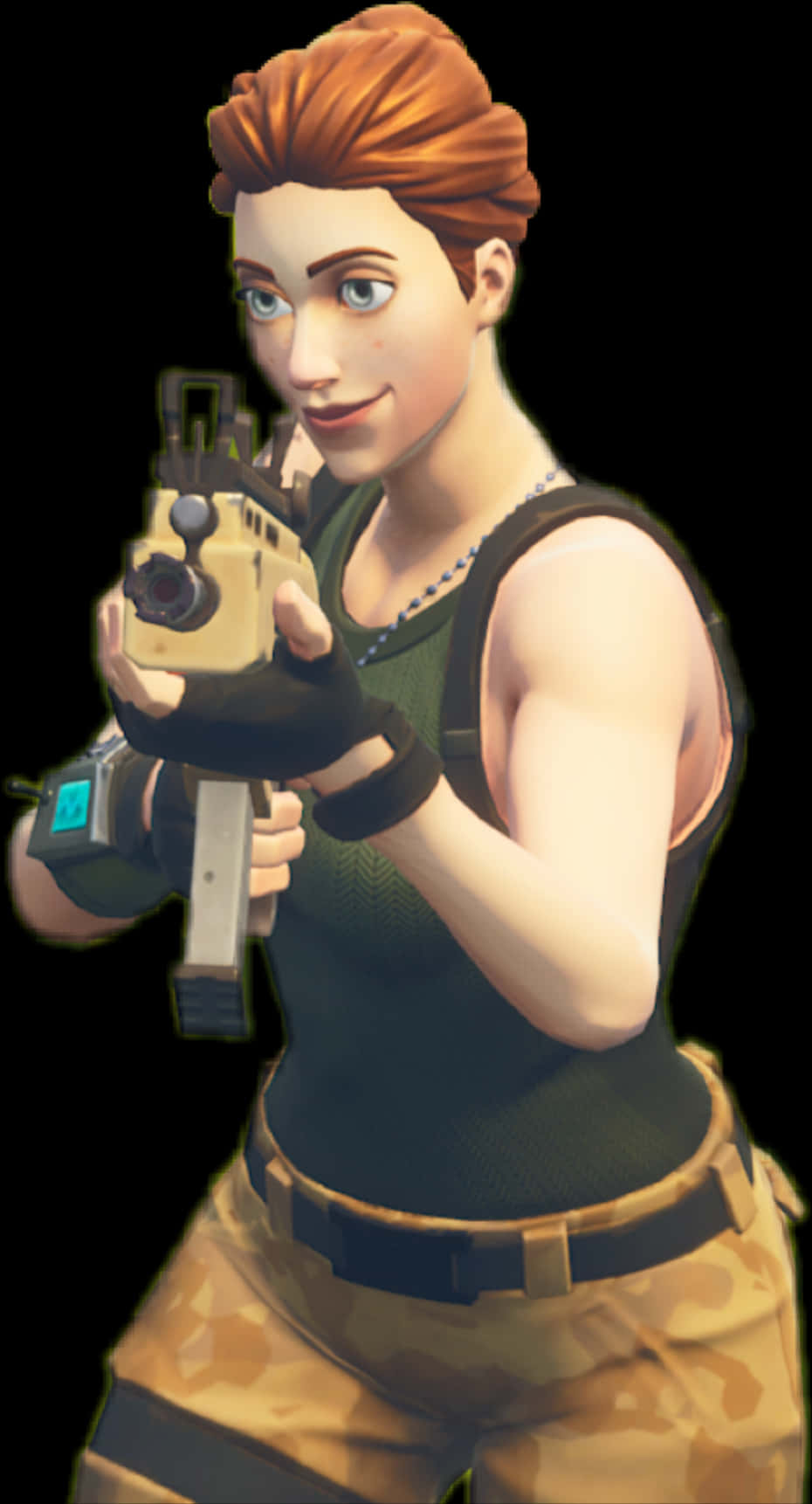 Fortnite Default Skin 桌布 壁紙 — 一個自信的紅髮女性遊戲角色在黑色背景前揮舞著未來武器。