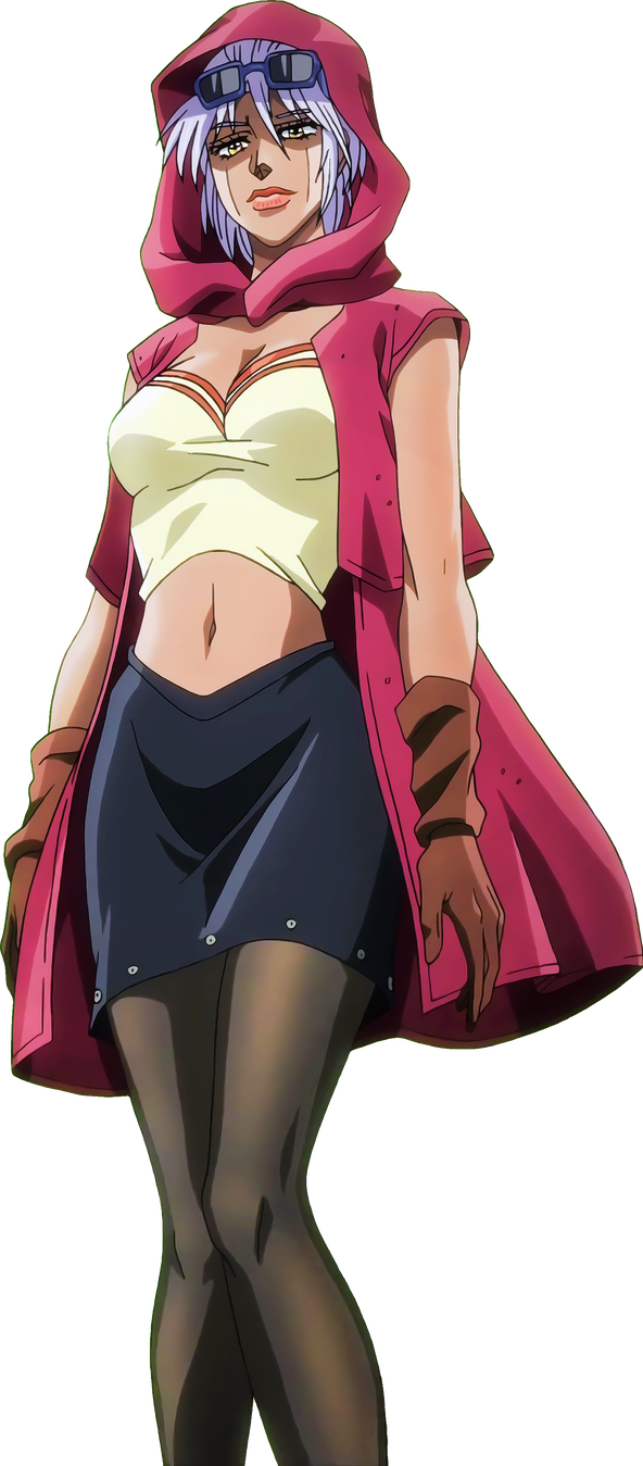 Jojo 桌布 壁紙 — 一個自信的紫髮動漫女孩，穿著粉紅色連帽斗篷和太陽眼鏡，站在黑色背景前。