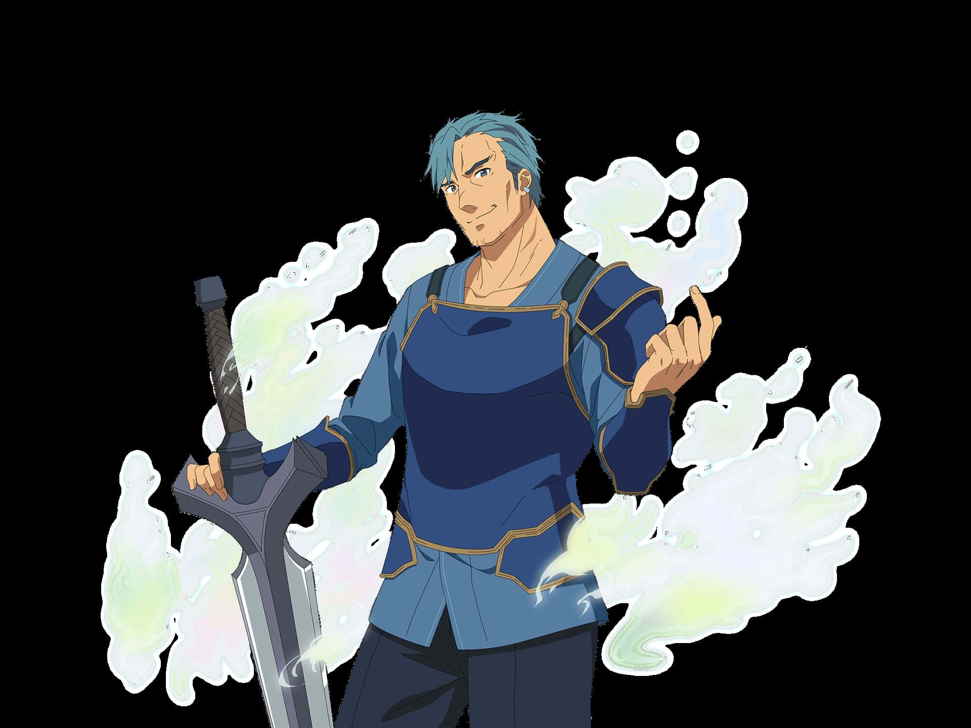 Bercouli Synthesis One 桌布 壁紙 — 一個自信的藍髮動漫戰士揮舞著劍，發光的魔法能量在他周圍旋轉，背景為黑色。