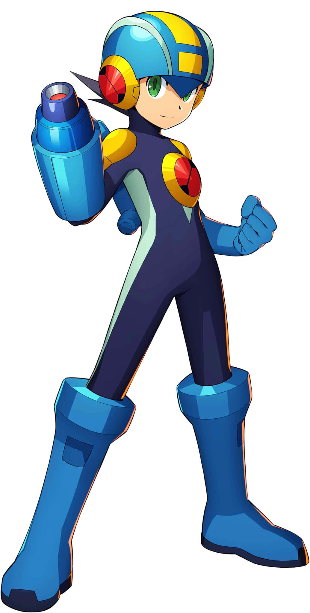 Megaman 桌布 壁紙 — 一個自信的藍黃色裝甲機器人英雄手持武器，準備就緒，背景為純白色。