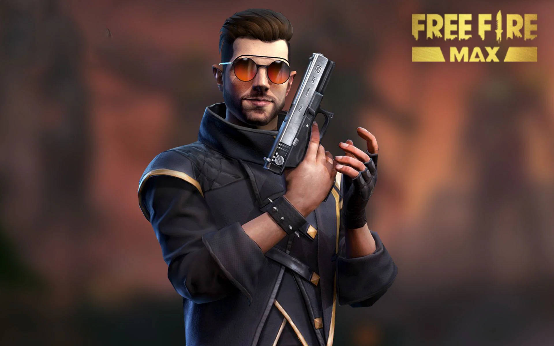 Free Fire Dj Alok 桌布 壁紙 — 一個自信的遊戲角色，戴著太陽眼鏡和黑色戰術裝備，手持手槍，背景是模糊的火焰。