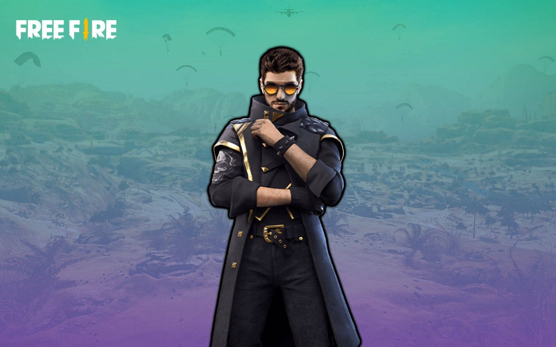 dj alok free fire 桌布 壁紙 — 一個自信的遊戲角色，身穿黑色風衣搭配金色裝飾，站在超現實的紫色和藍綠色沙漠背景前，背景中有降落傘。