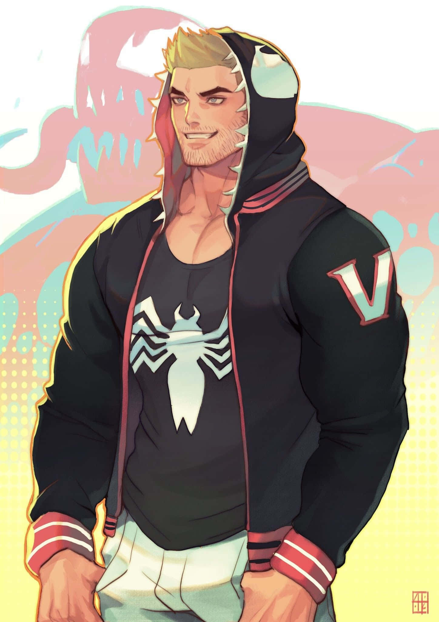 Flash Thompson 桌布 壁紙 — 一個自信的金髮動漫男子，穿著黑色連帽衫，內搭蜘蛛標誌襯衫，背景為風格化的粉紅色和黃色。