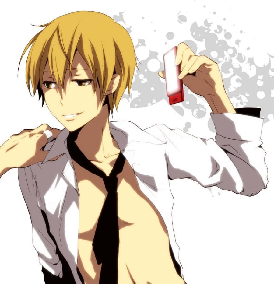 Masaomi Kida 桌布 壁紙 — 一個自信的金髮動漫男孩，拿著一個紅白相間的裝置，同時整理他敞開的白襯衫和黑色領帶。