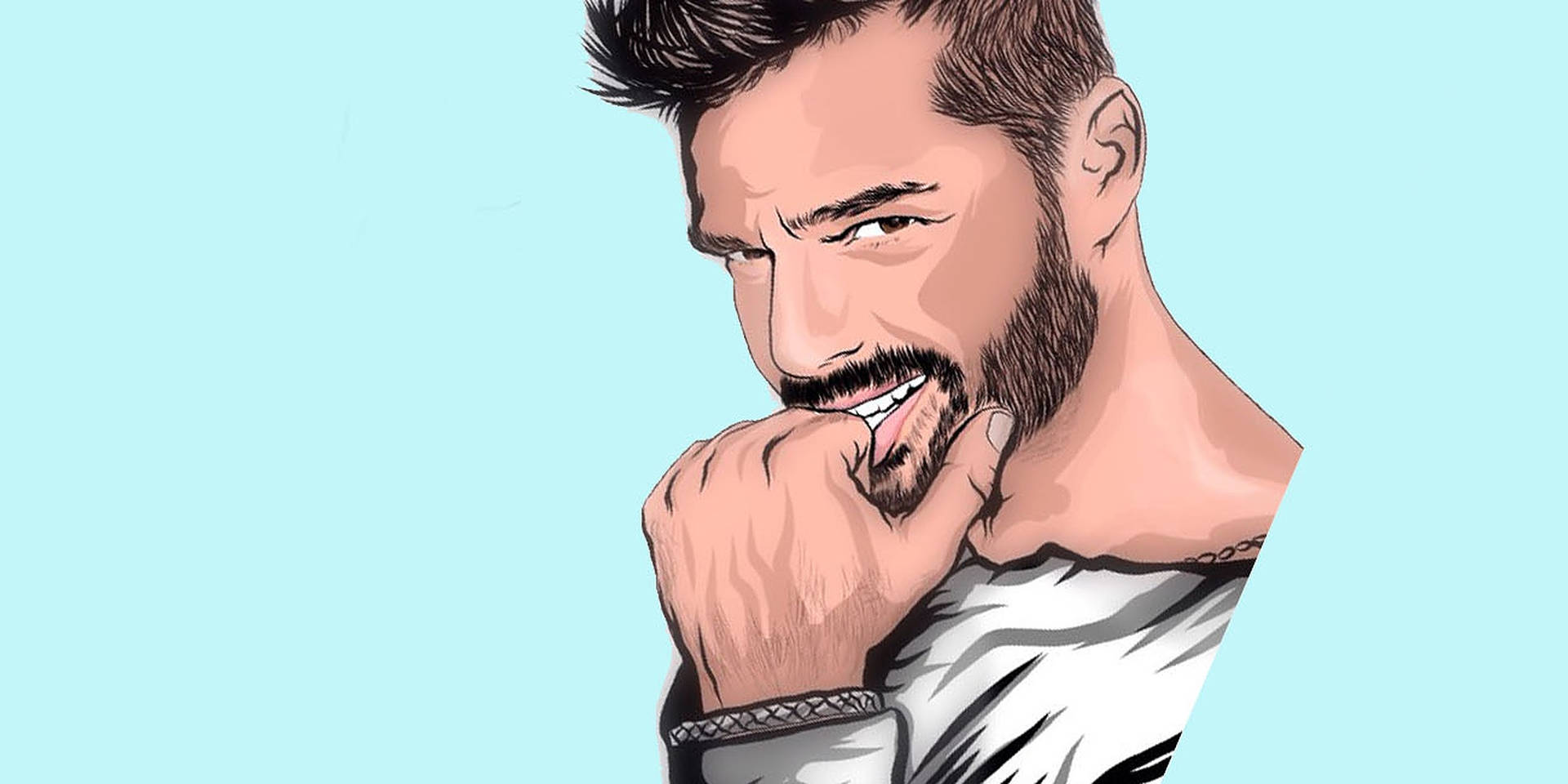 一個時尚的鬍鬚男，咬著手指帶著嘲笑的表情，穿著圖案T恤。 — Michael B Jordan 壁紙