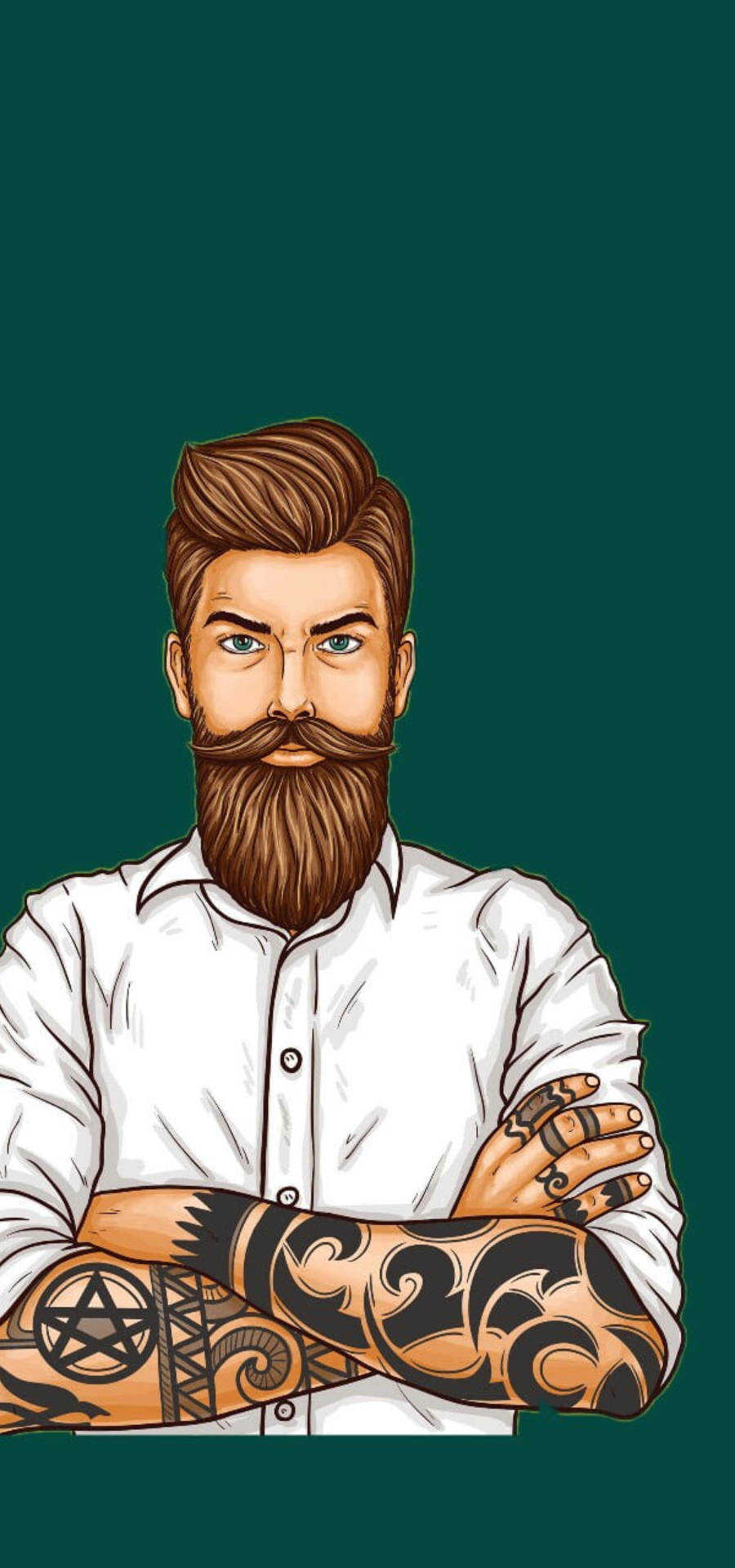Tattoo 桌布 壁紙 — 一個自信的鬍鬚男，有紋身，交叉雙臂，背景是深綠色。