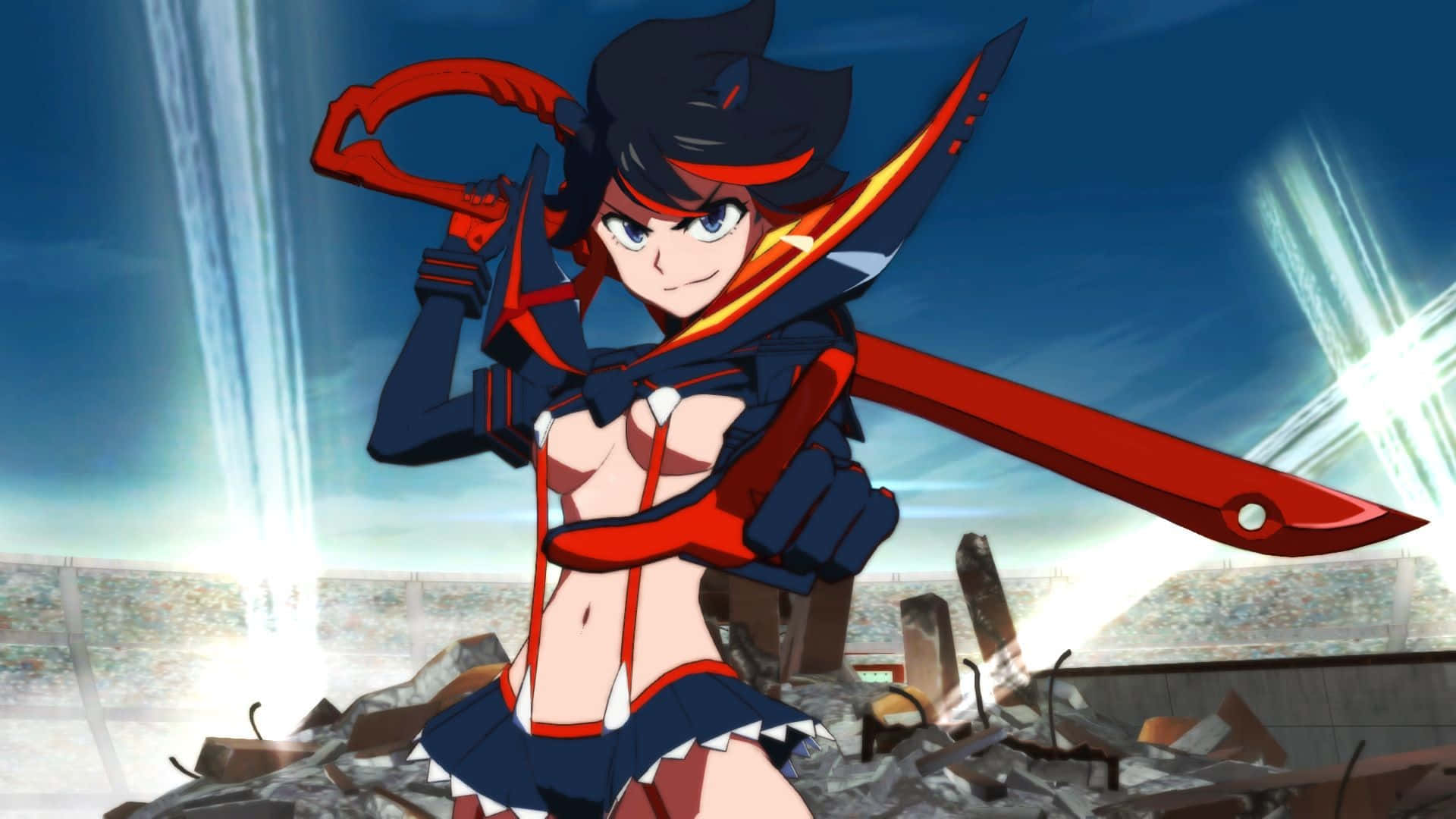 Kill La Kill 桌布 壁紙 — 一個自信的黑髮紅武動漫女孩站在晴朗天空下的體育場廢墟中。