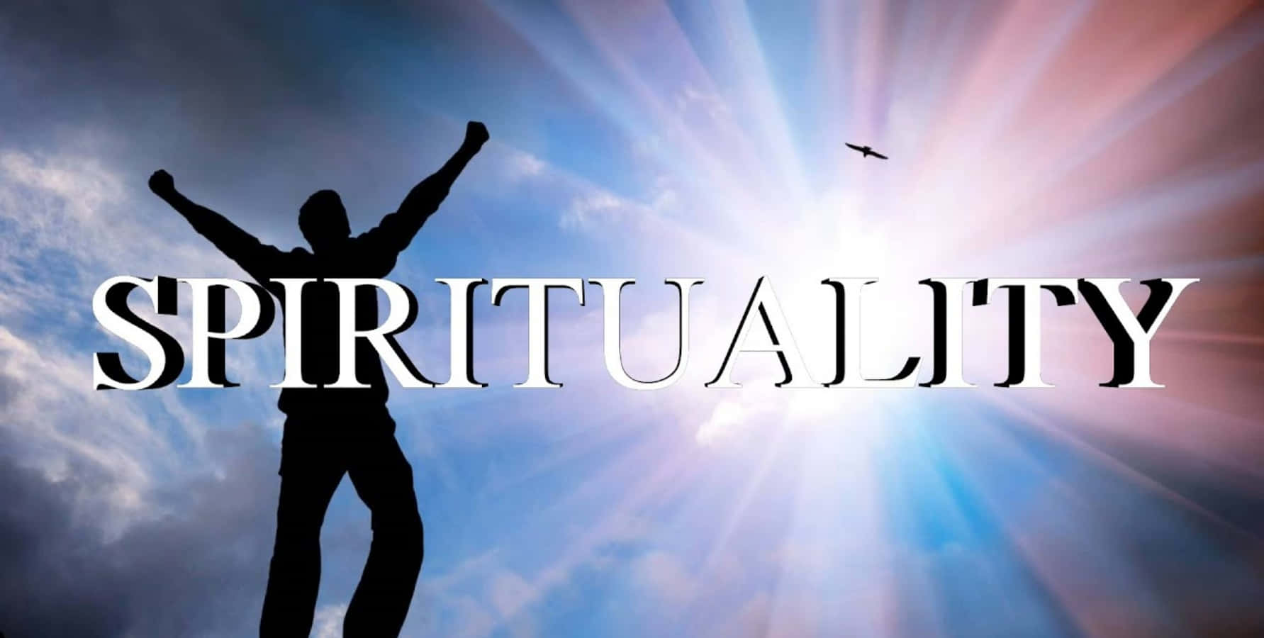 Spirituality 桌布 壁紙 — 一個舉起雙臂的剪影人物在燦爛的陽光天空下慶祝，並疊加了靈性一詞。
