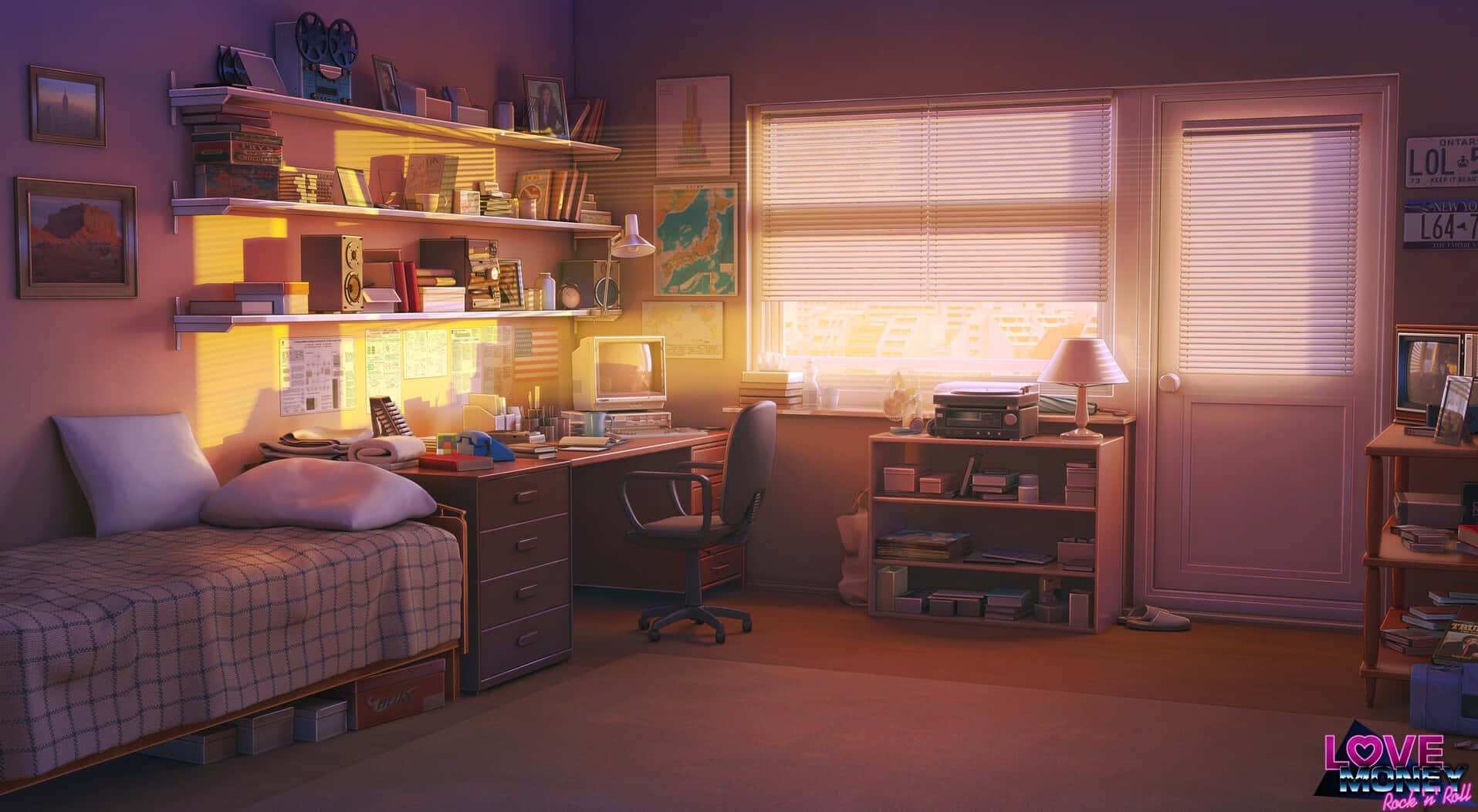 Cute Anime Bedroom 桌布 壁紙 — 一個舒適、燈光溫暖的臥室，配有床、書桌、架子，窗簾沐浴在金色的夕陽餘暉中。