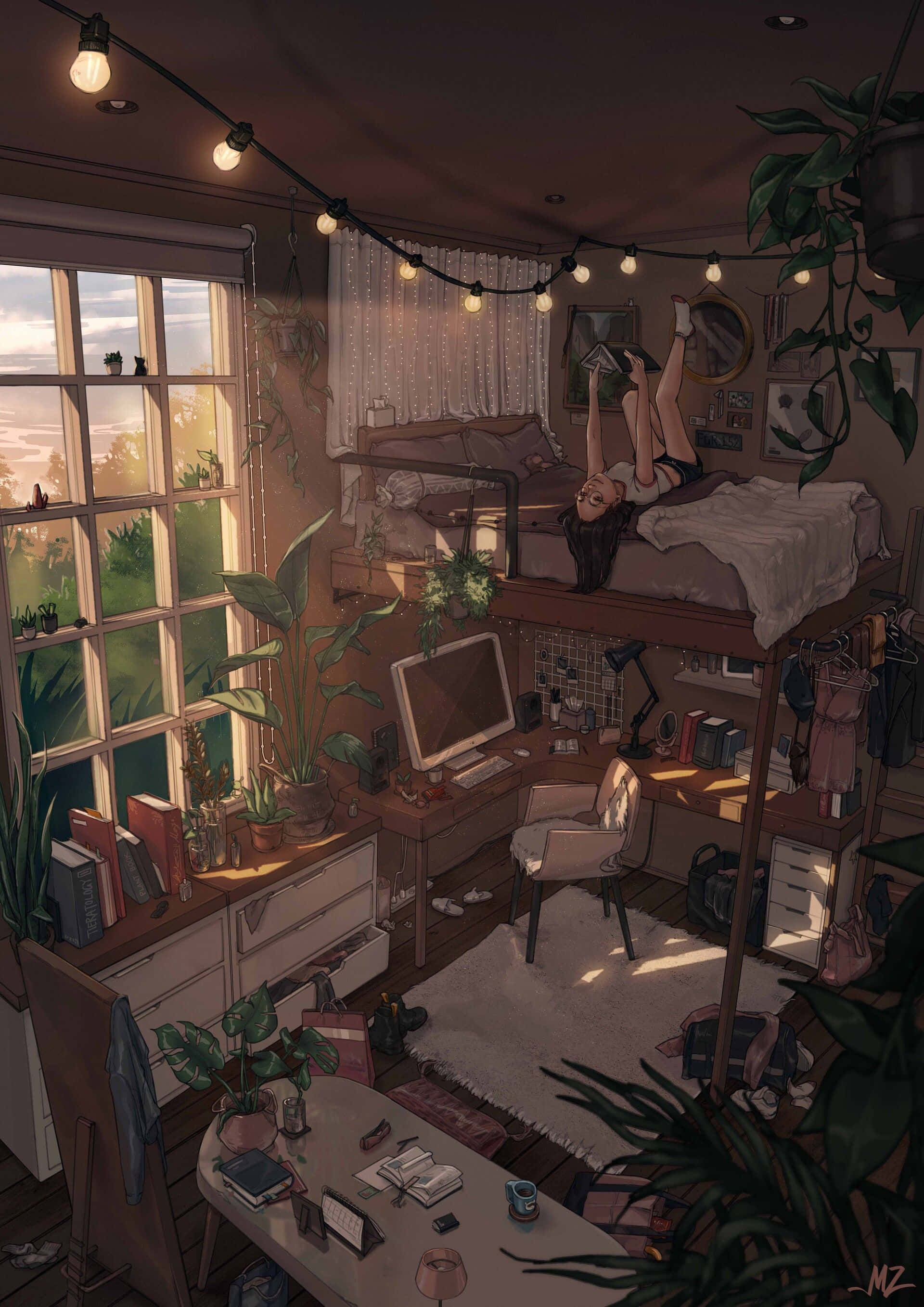 cabin 桌布 壁紙 — 一個舒適、陽光充足的宿舍房間，女孩在 loft 床上休息，周圍環繞著植物、串燈和書籍。
