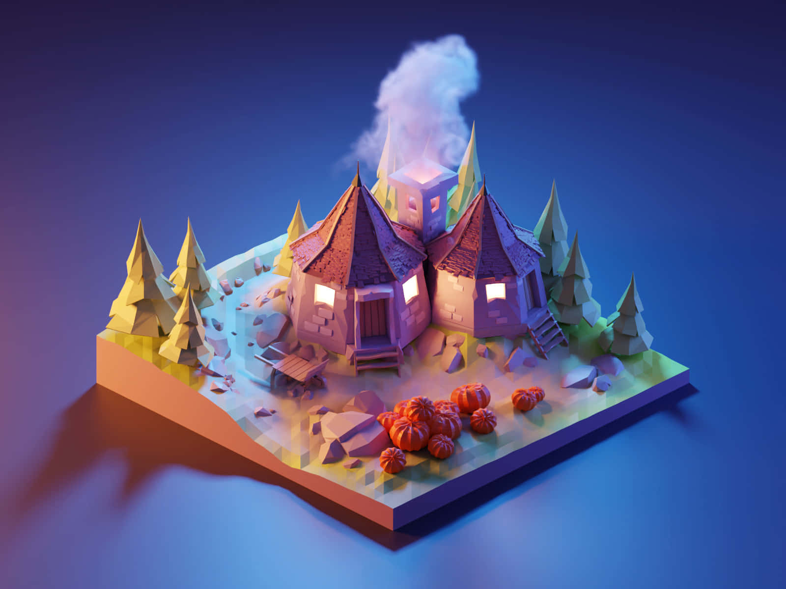 Hagrid's Hut 桌布 壁紙 — 一個舒適的3D渲染小屋村莊，窗戶發光，煙霧在深藍色的暮色天空中升起。