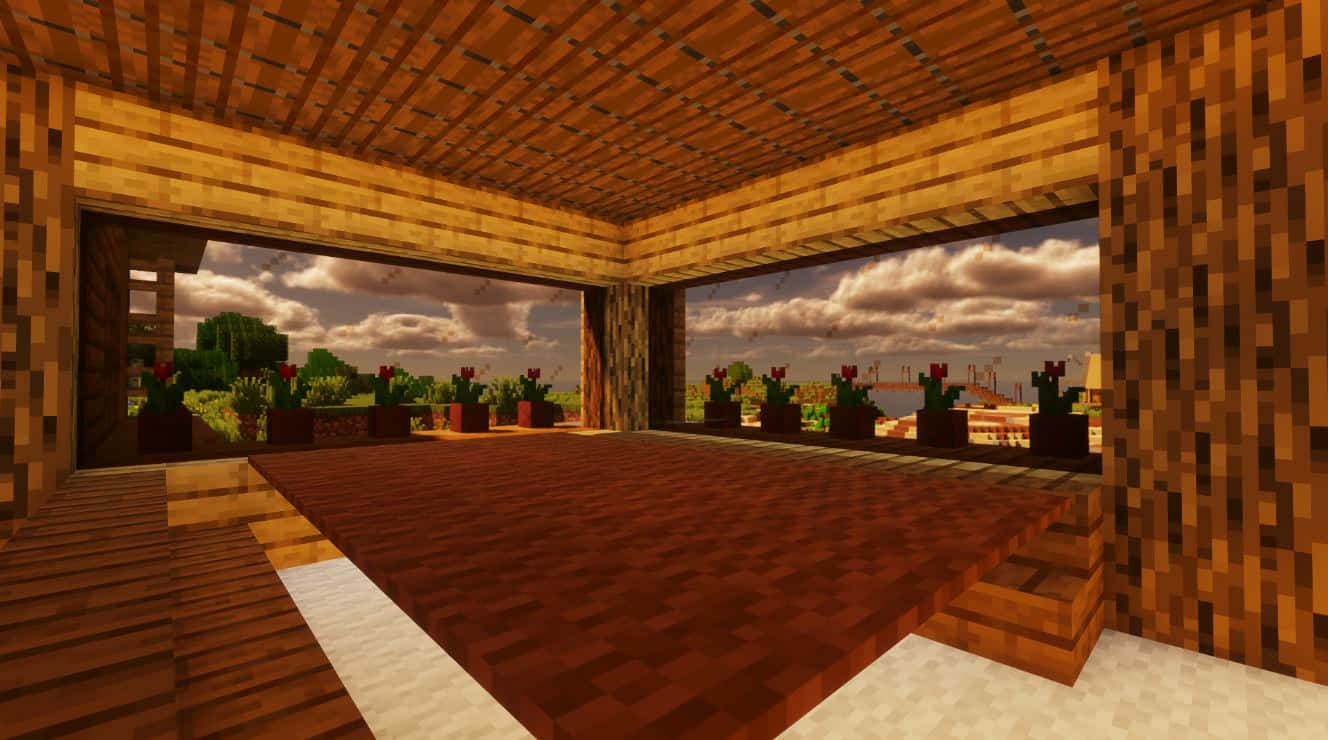 Minecraft Survival 桌布 壁紙 — 一個舒適的Minecraft木製房間，鋪有紅色地毯，俯瞰著一個有仙人掌的花園，天空多雲。