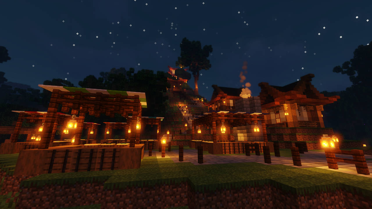 Light 桌布 壁紙 — 一個舒適的Minecraft村莊夜晚，有發光的燈籠和木屋，在星空下。