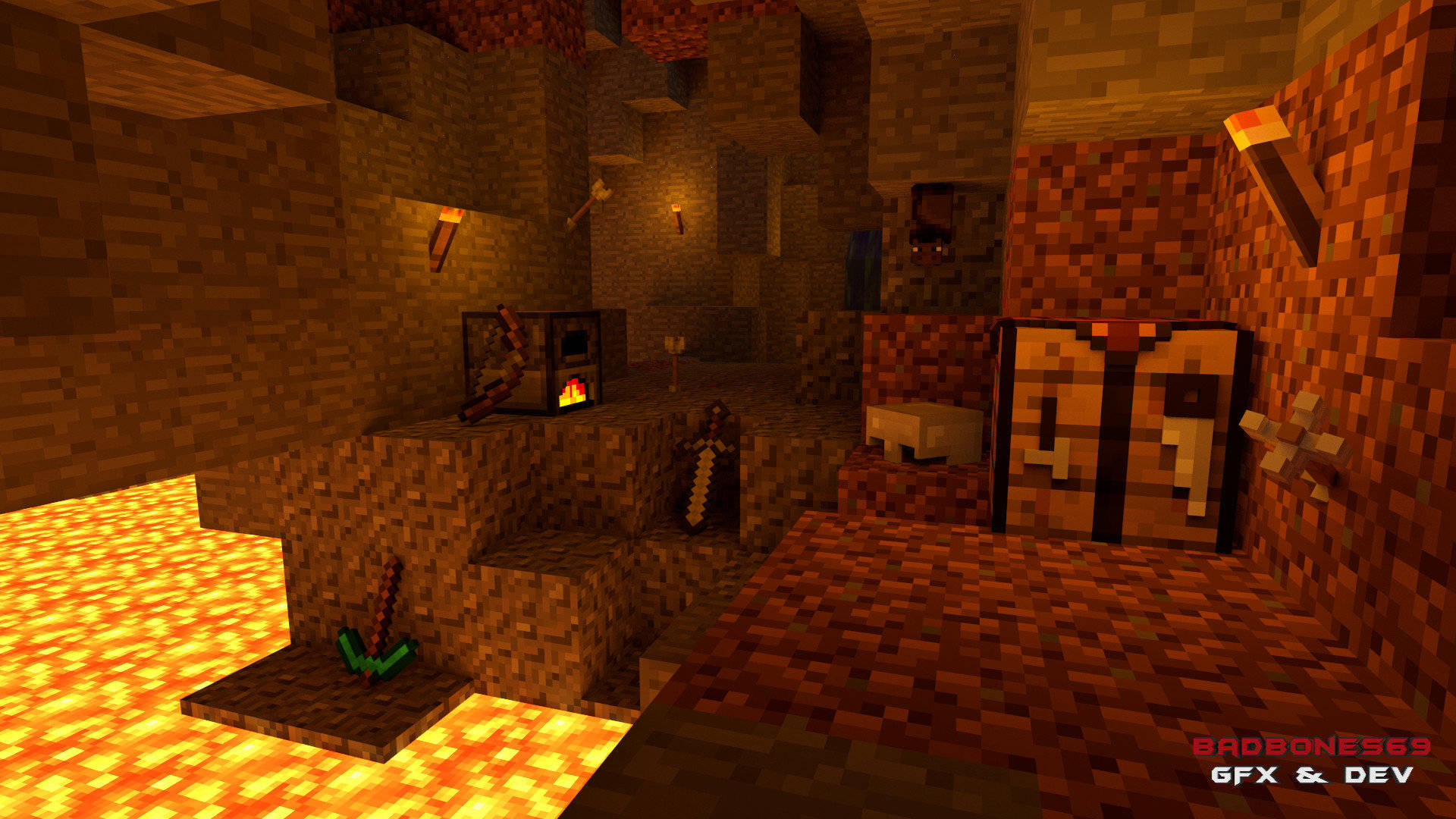 高清 桌布 壁紙 — 一個舒適的Minecraft洞穴基地，有火炬、火和工作台，由熔岩光芒照亮。