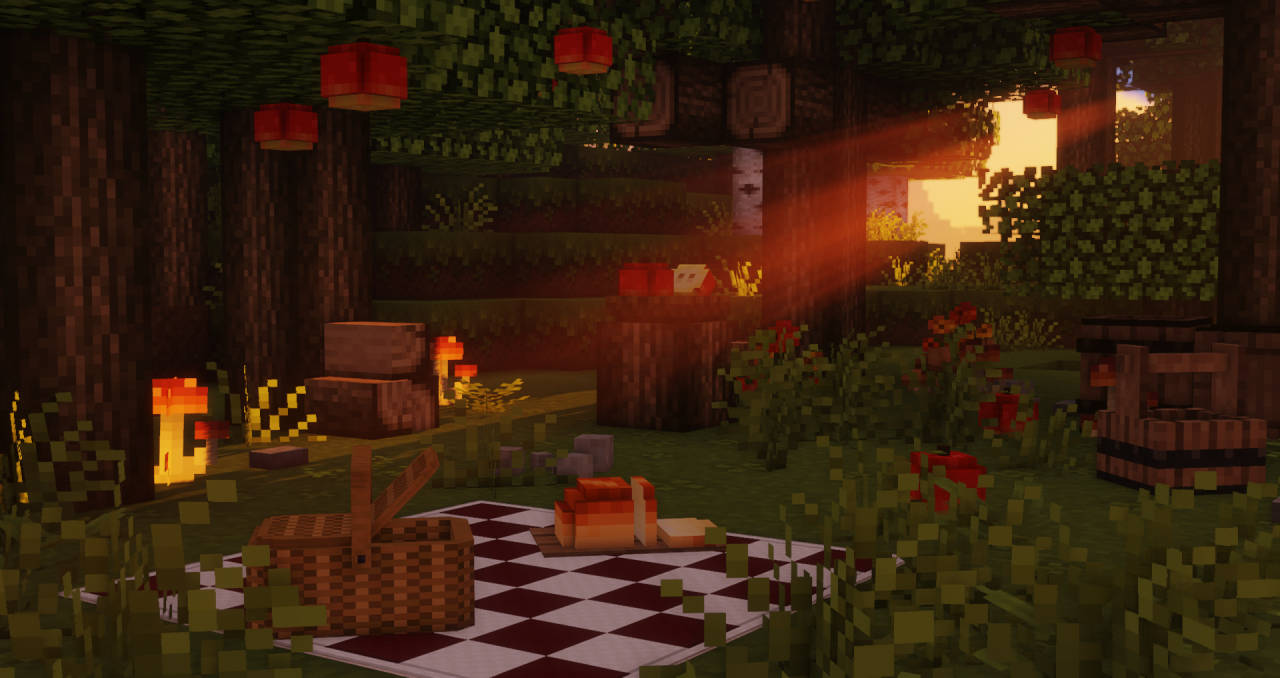 我的世界 高畫質壁紙 桌布 壁紙 — 一個舒適的Minecraft野餐場景，有格子毯、發光燈籠和夕陽穿過樹林的光線。