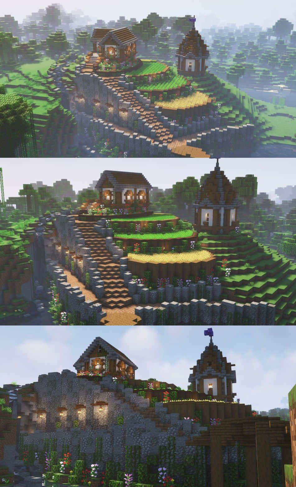 Minecraft Architecture 桌布 壁紙 — 一個舒適的像素風格村莊，坐落在梯田山丘上，有發光的窗戶和石徑，在柔和的天空下。
