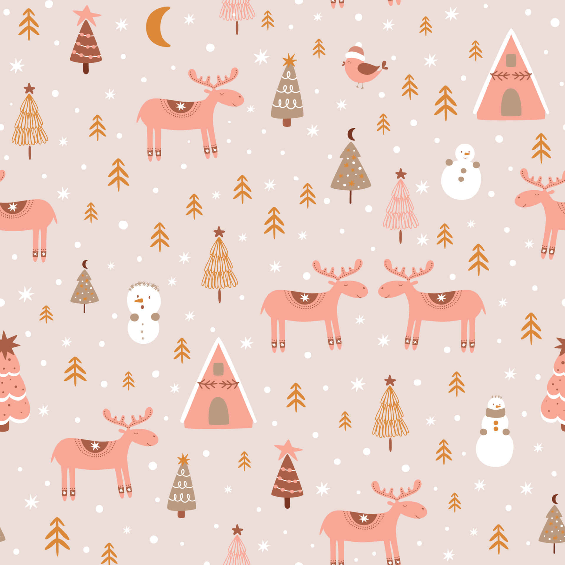 Cute Winter 桌布 壁紙 — 一個舒適的冬季仙境圖案，帶有粉紅色的麋鹿、雪人、樹木和小屋，背景是柔和的淡粉紅色。