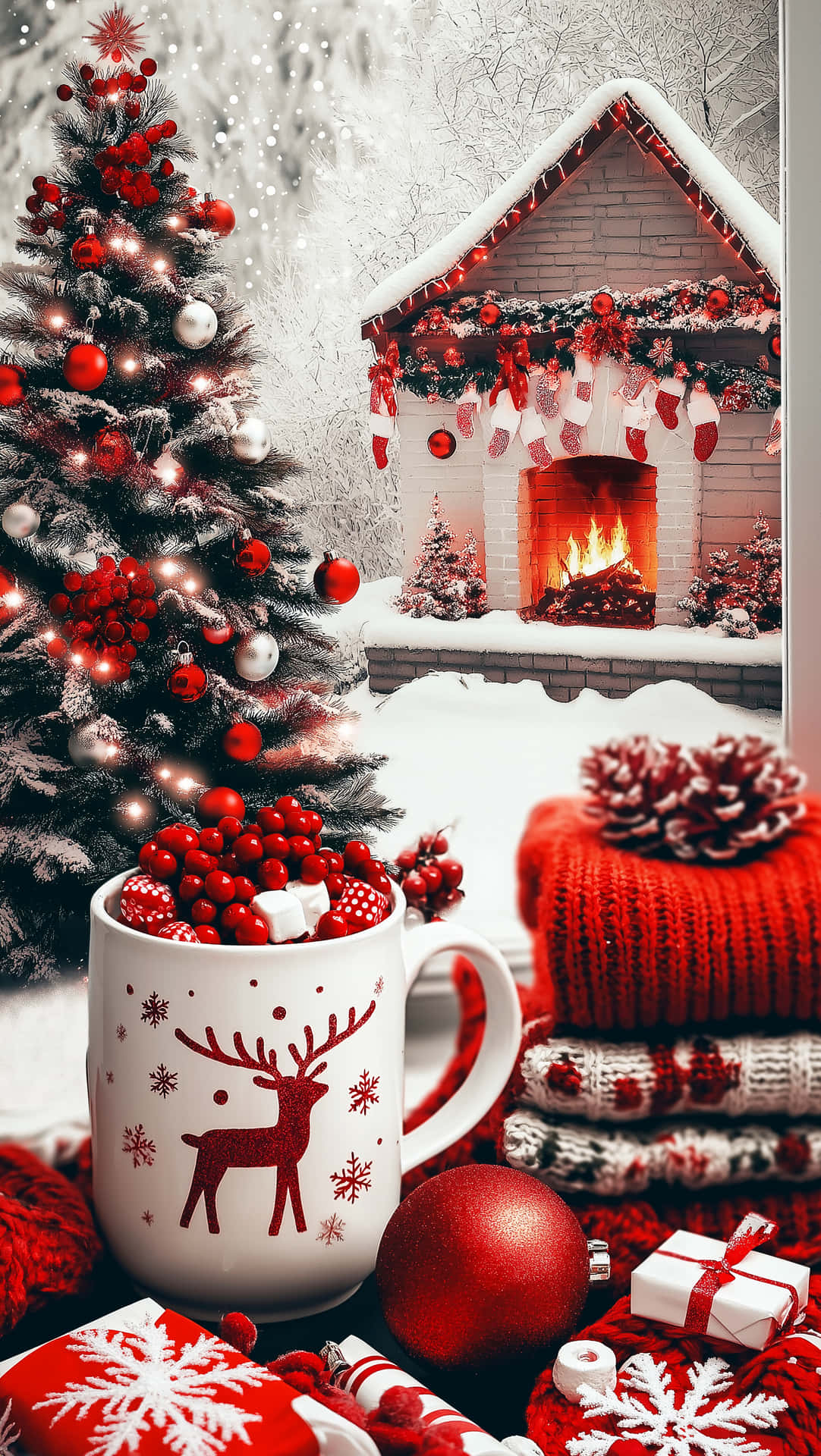 Christmas Wallpapers 壁紙 — 一個舒適的冬季場景，有被雪覆蓋的房子、點燃的壁爐、聖誕襪和裝飾好的聖誕樹，旁邊還有一杯加了紅莓的熱可可。