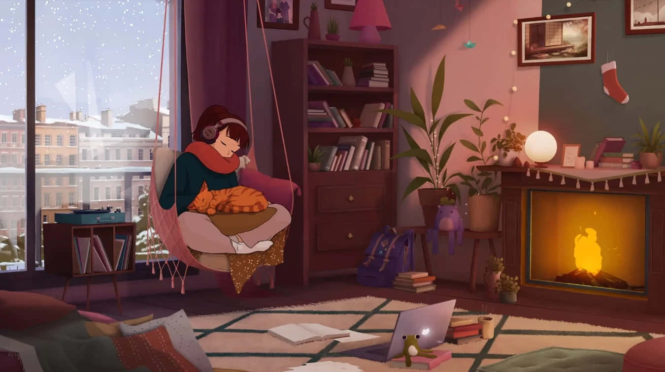 Anime Living Room 桌布 壁紙 — 一個舒適的冬季場景顯示一個女孩在鞦韆椅上與貓一起閱讀，旁邊是點燃的壁爐和雪景城市景觀。
