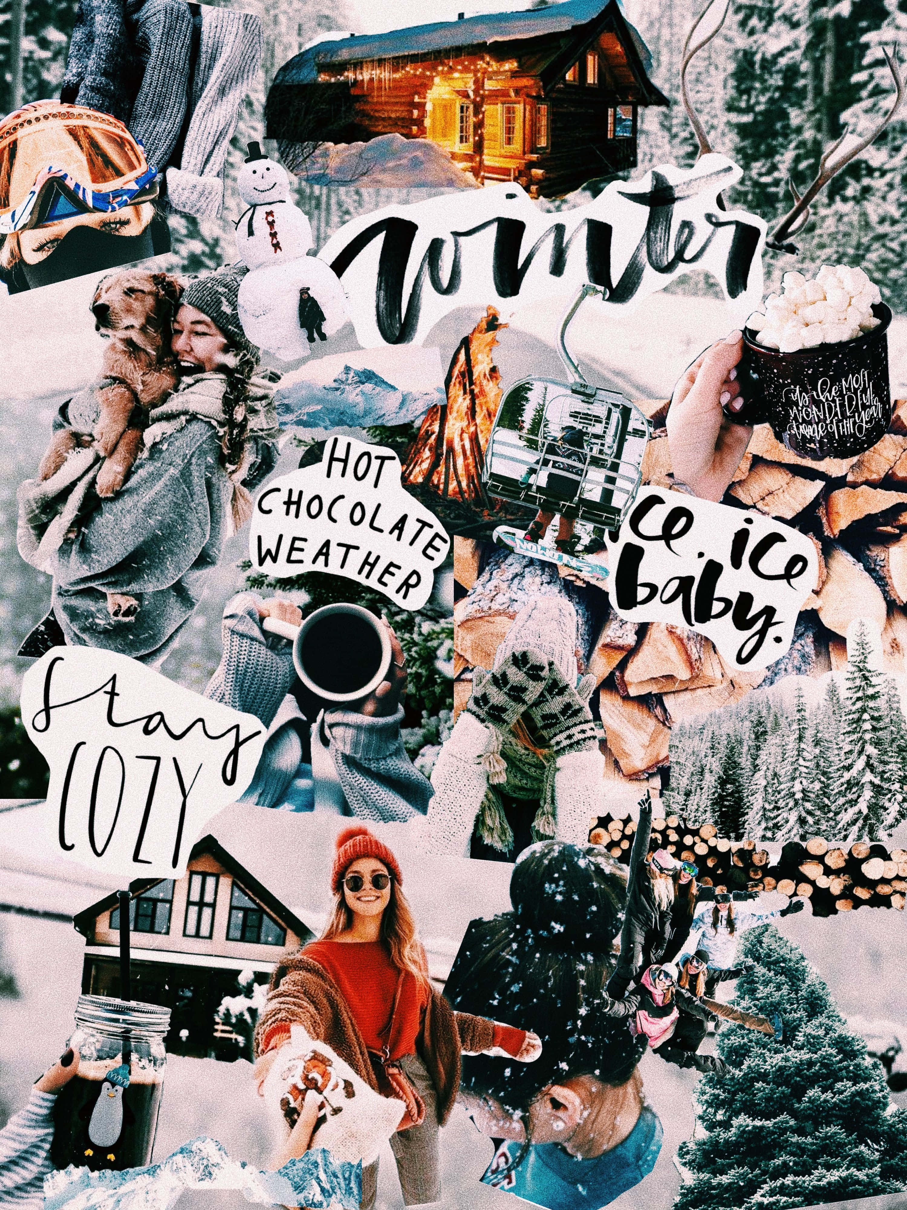 Winter 桌布 壁紙 — 一個舒適的冬季拼貼畫， featuring 被雪覆蓋的小屋、熱巧克力、雪人以及享受雪天的人們。