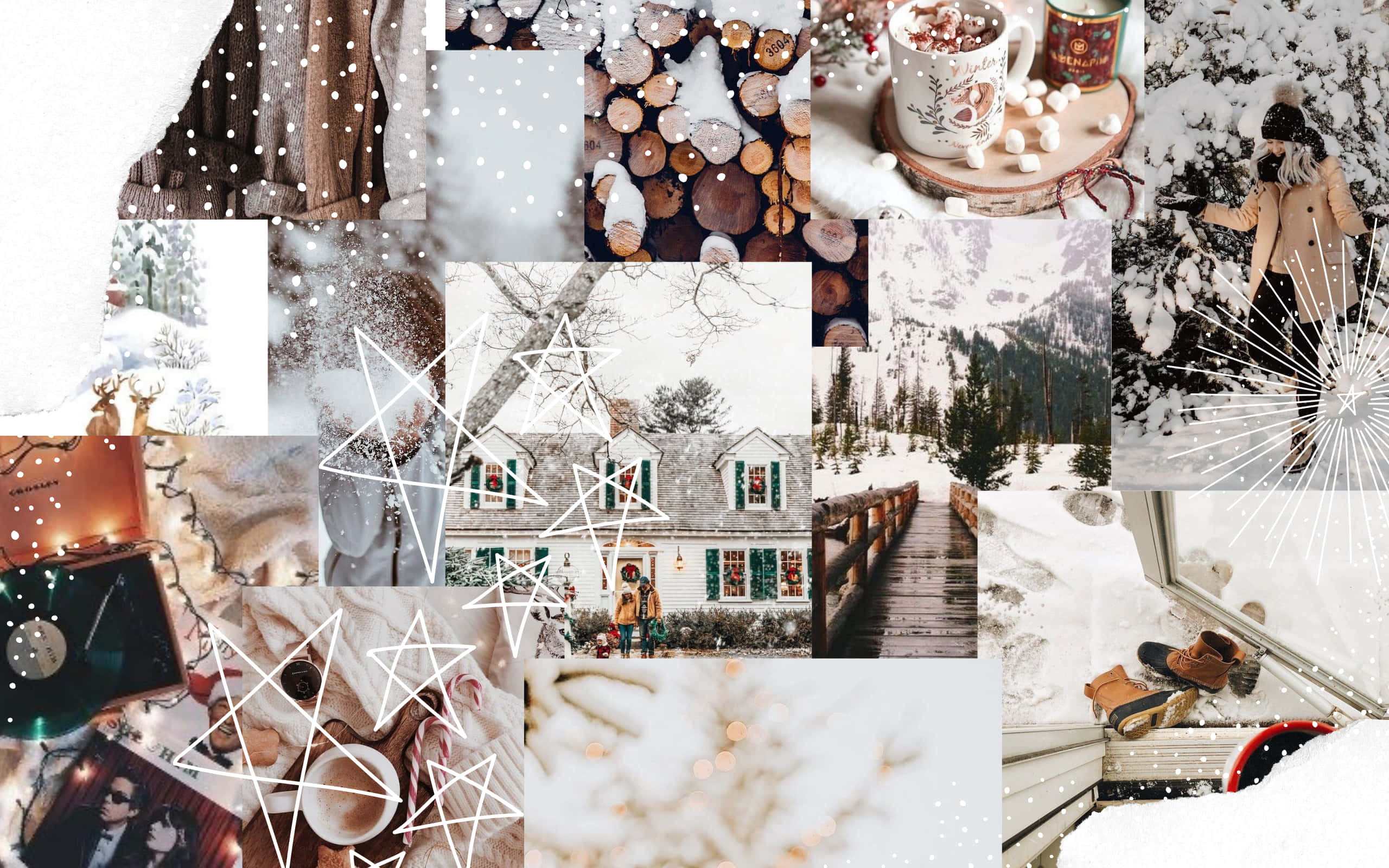 Winter Aesthetic Collage 桌布 壁紙 — 一個舒適的冬季拼貼畫，以白雪覆蓋的風景、舒適的小屋、熱可可和節日裝飾為特色。