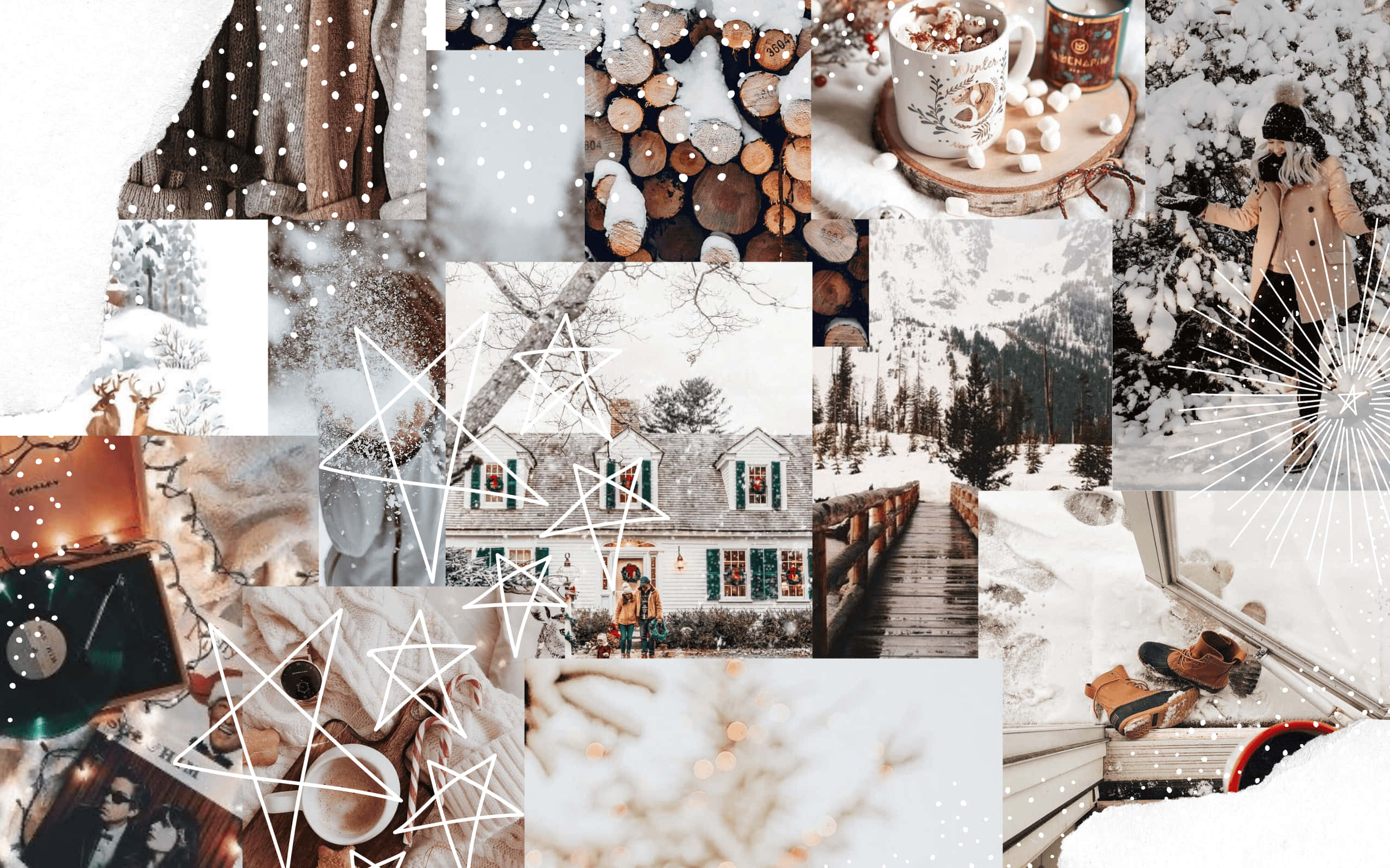 Christmas Mac Aesthetic 桌布 壁紙 — 一個舒適的冬季拼貼畫，以白雪覆蓋的風景、熱飲和節日室內場景為特色，採用柔和的米色和白色色調。