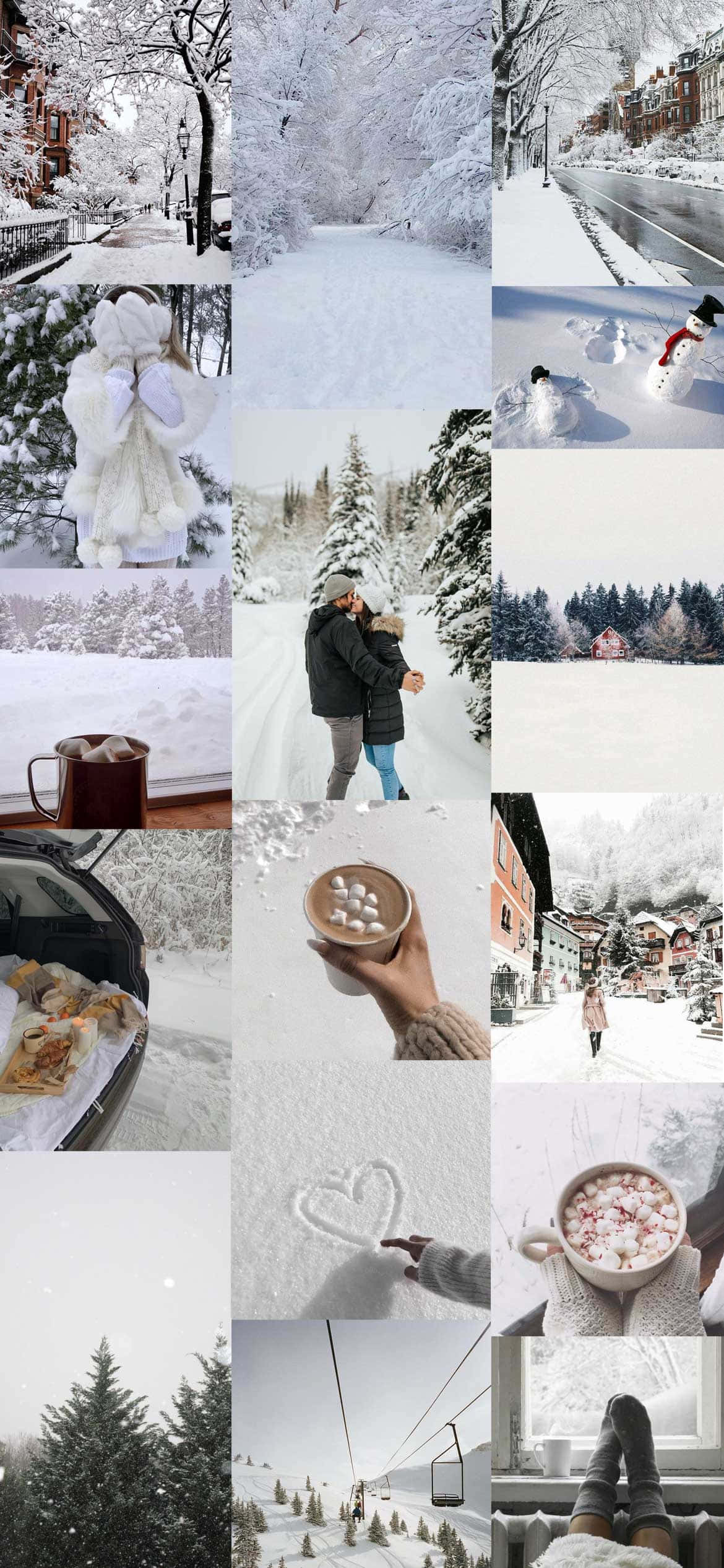 Winter Aesthetic Collage 桌布 壁紙 — 一個舒適的冬季拼貼畫，以白雪覆蓋的街道、熱可可和新雪中的心形圖案為特色。