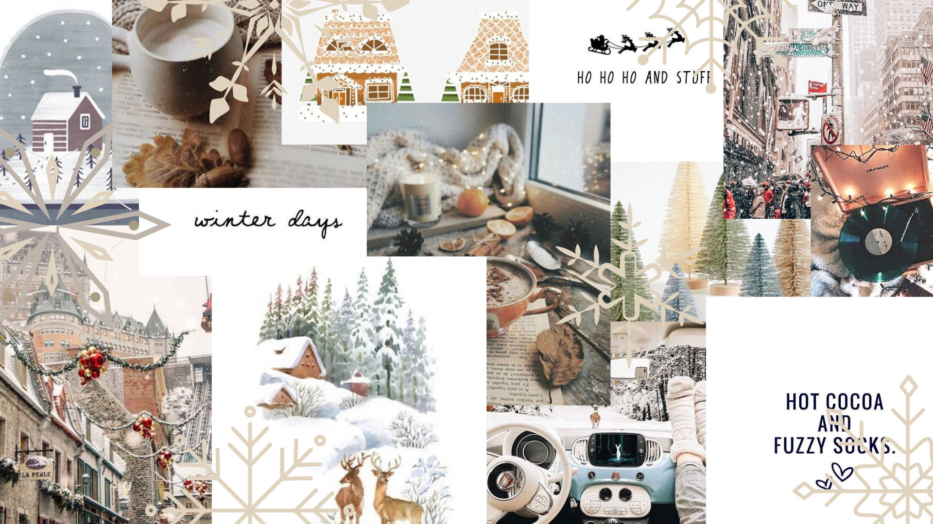 Christmas Collage 桌布 壁紙 — 一個舒適的冬季拼貼畫，包含被雪覆蓋的房屋、熱可可、節日燈飾和節日裝飾。