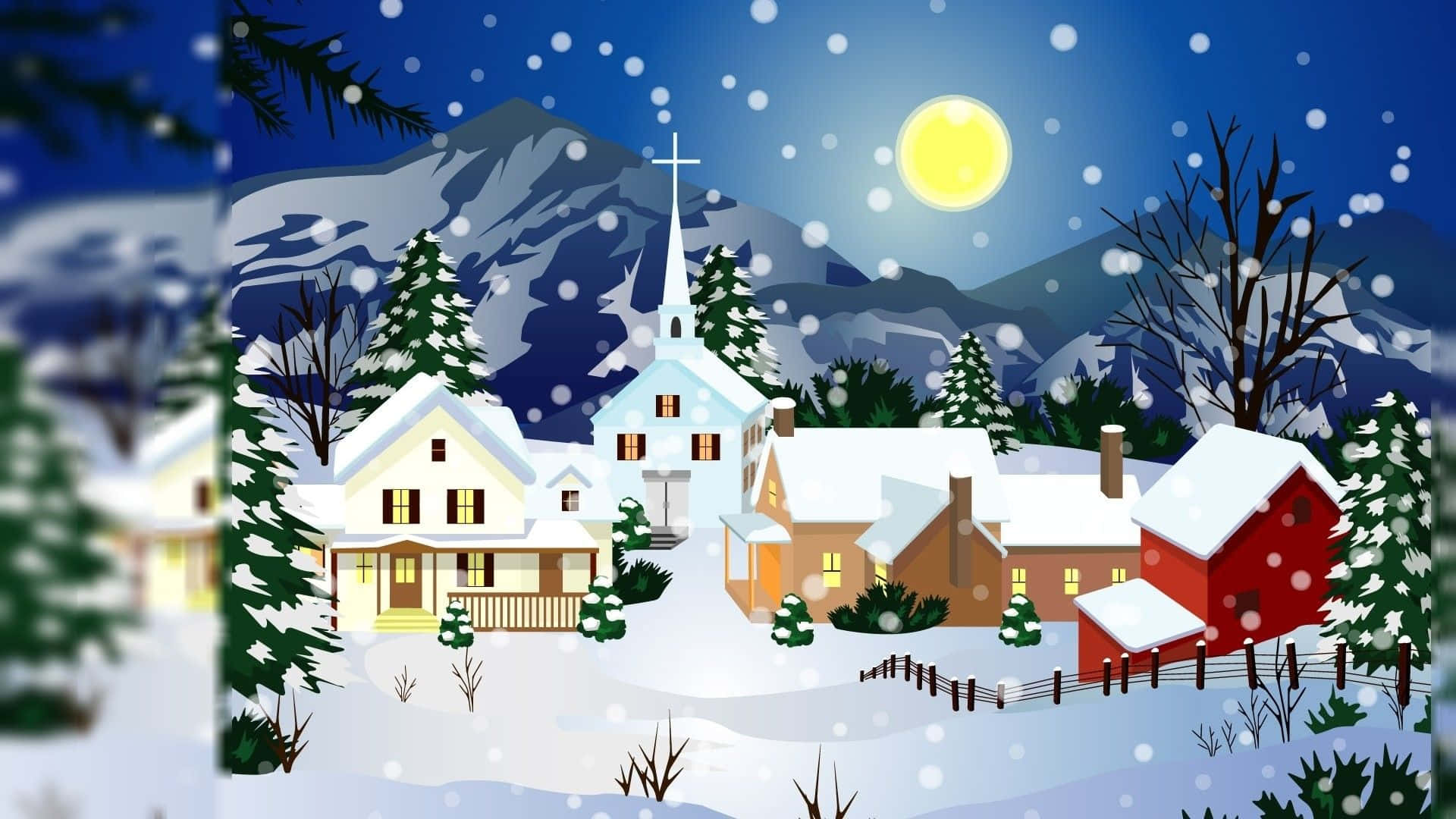 雪 桌布 壁紙 — 一個舒適的冬季村莊，有被雪覆蓋的房屋和一座教堂，在滿月下飄著雪。