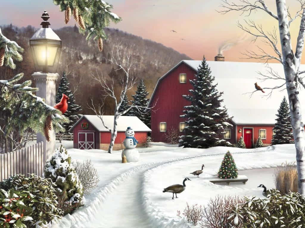 雪 桌布 壁紙 — 一個舒適的冬日場景，紅色穀倉和雪人旁邊有一個結冰的池塘，池塘裡有鵝，在柔和的日落天空下。