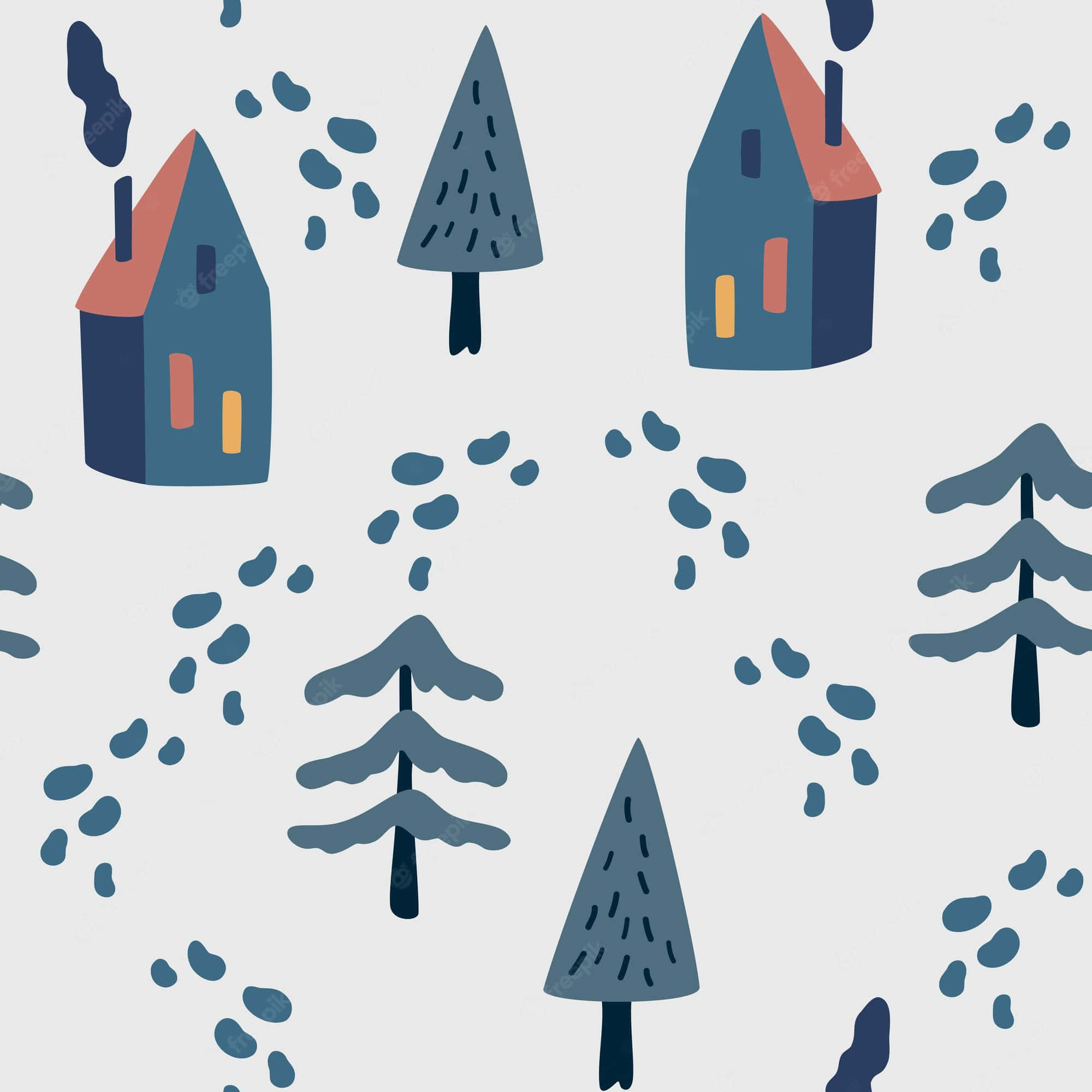 Simple Winter 桌布 壁紙 — 一個舒適的冬日場景，風格化的藍色房屋和松樹散落在雪景中。