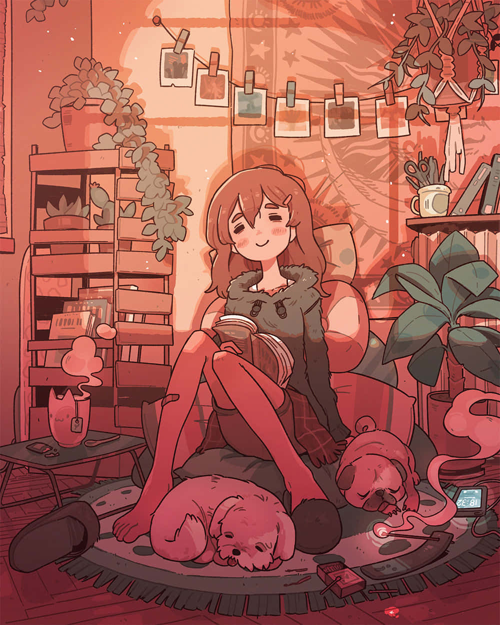 Illustration 桌布 壁紙 — 一個舒適的動漫女孩，棕色頭髮，坐在暖色調的房間裡看書，周圍有睡著的狗和懸掛植物。