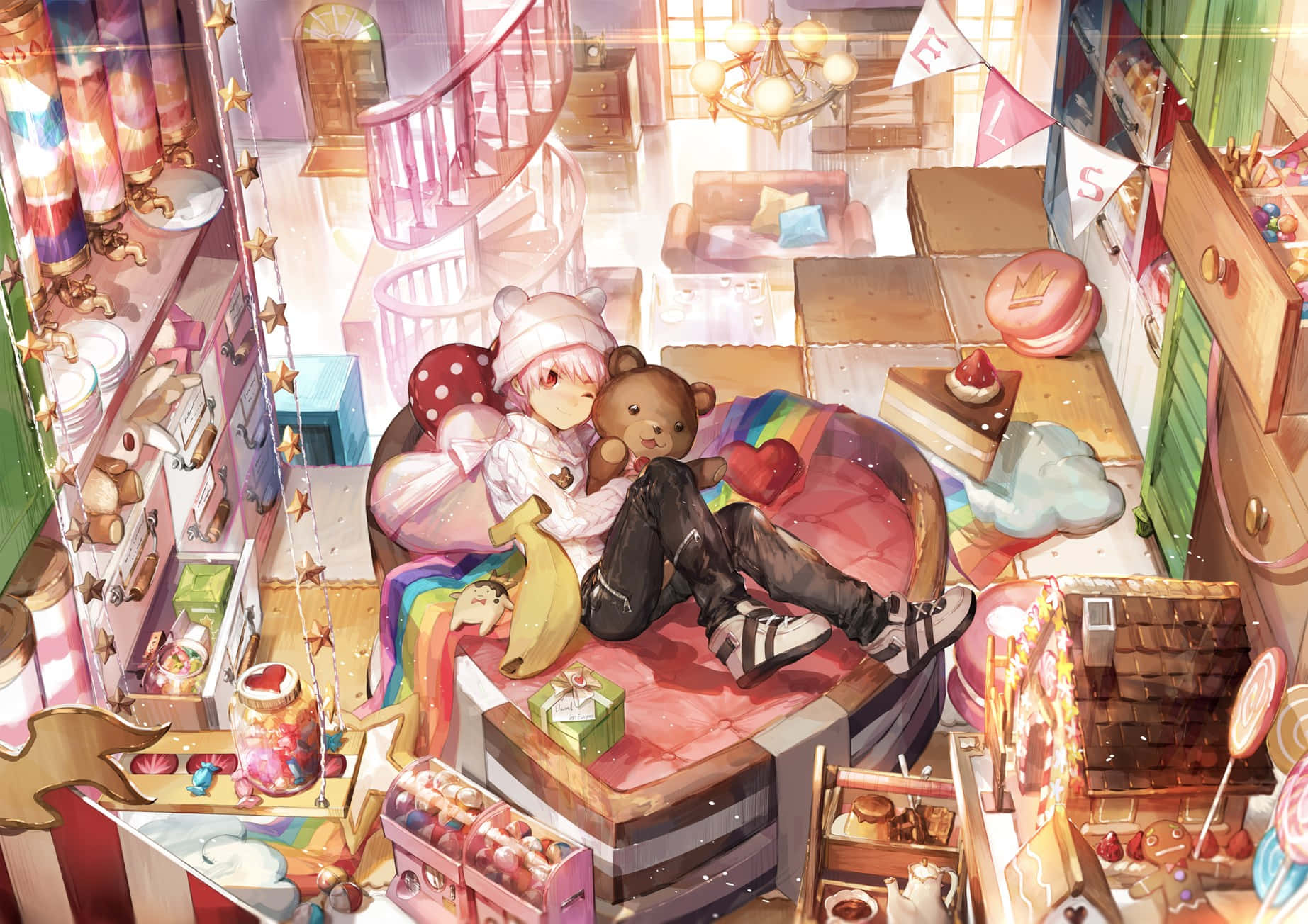 Cute Anime Bedroom 桌布 壁紙 — 一個舒適的動漫女孩在糖果主題房間裡抱著一隻泰迪熊，周圍環繞著甜點和粉彩裝飾。