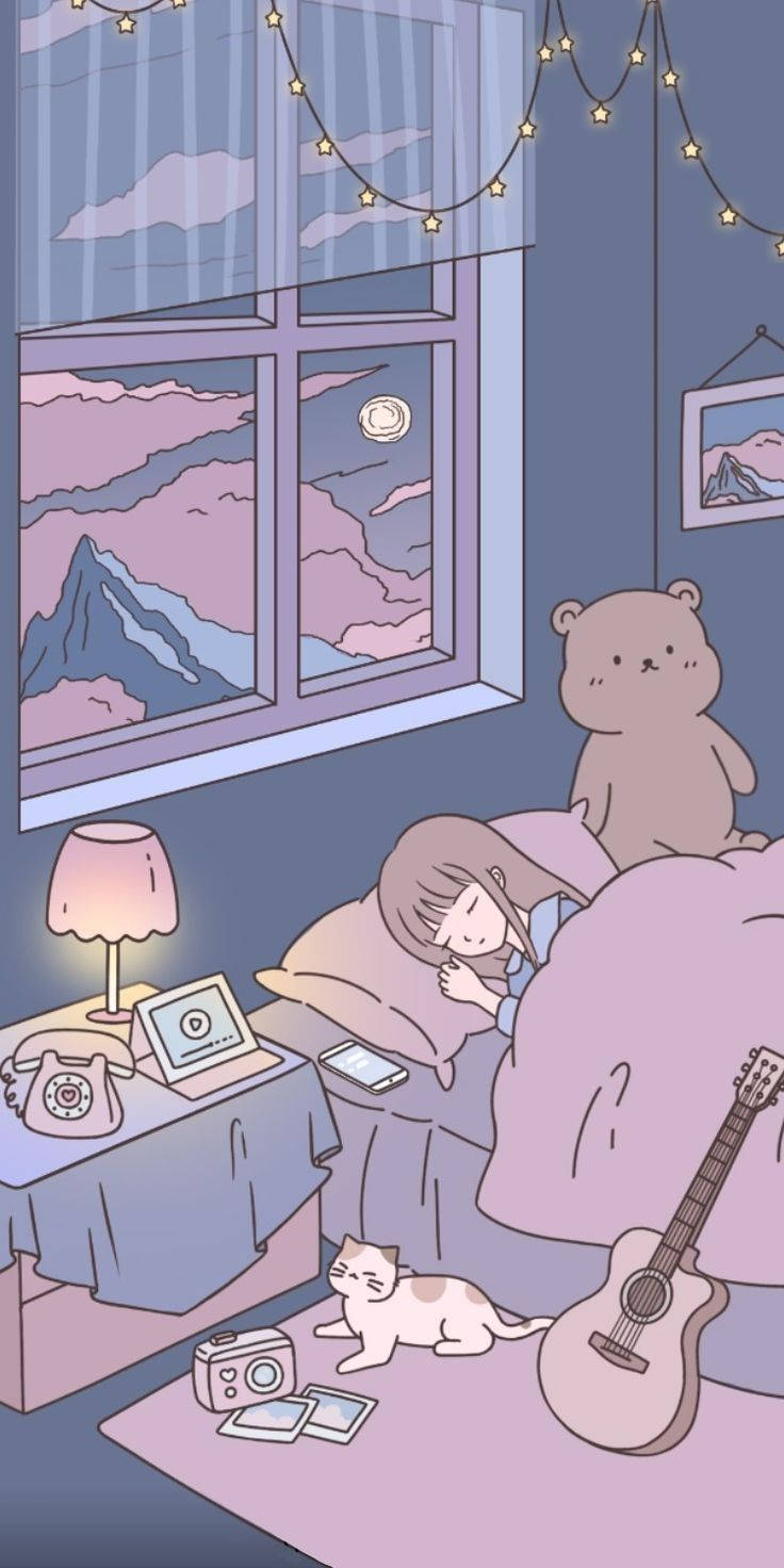 Soft 桌布 壁紙 — 一個舒適的動漫臥室夜晚，有一個睡著的女孩、一隻貓和一把吉他，在燈串下俯瞰雪山。