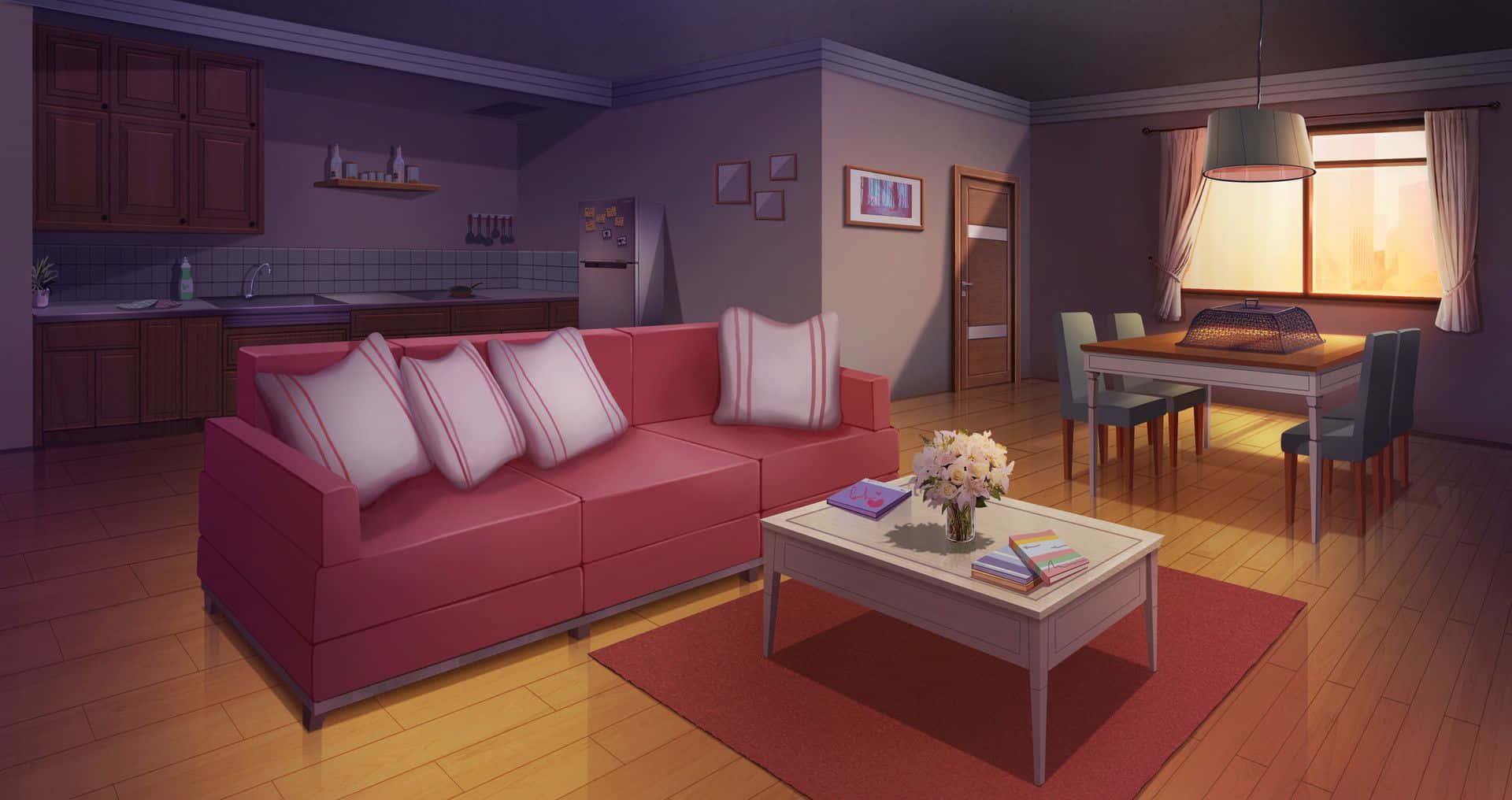 Anime Living Room 桌布 壁紙 — 一個舒適的動漫風格客廳，配有紅色沙發、木地板，以及透過窗戶灑進的溫暖夕陽光。